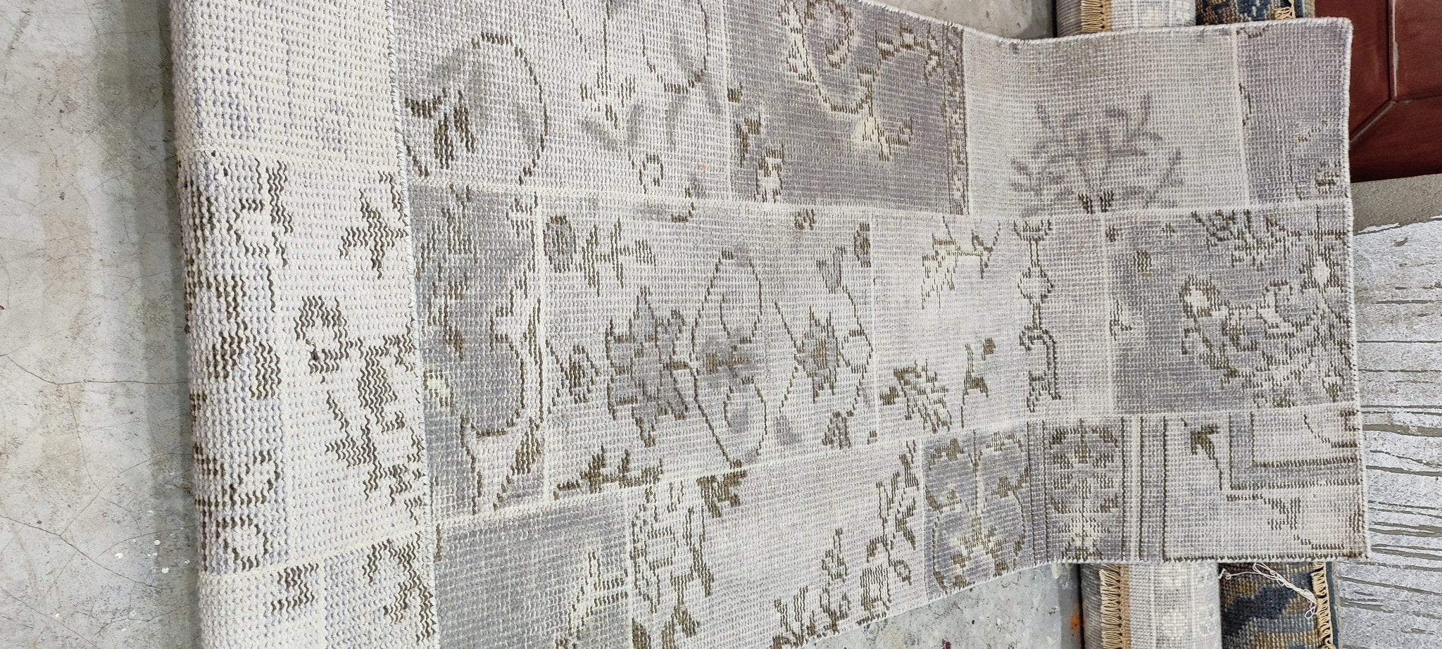 Jan Showers Silver and Grey Patched Weave Hand-Knotted Oushak Runner 2.6x6.9 | Banana Manor Rug Company