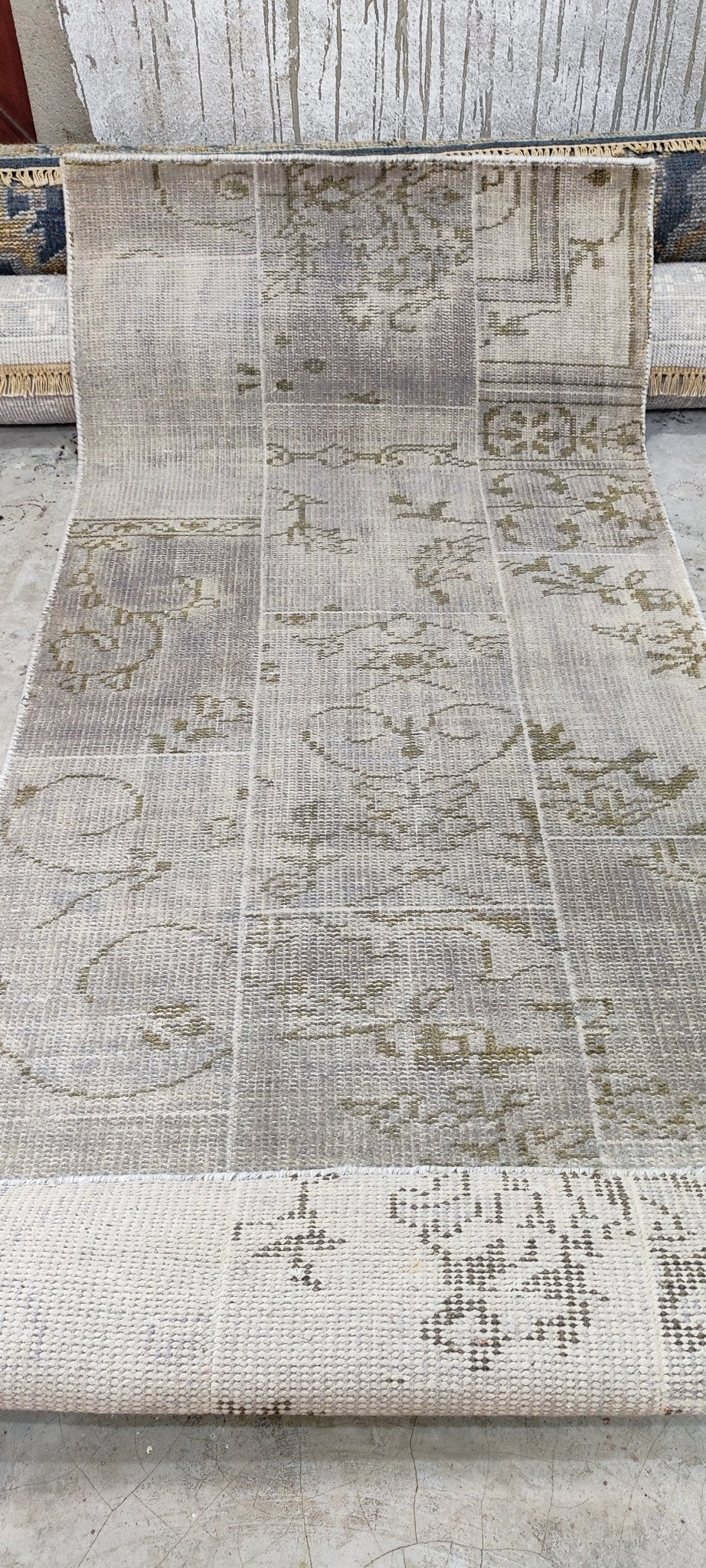 Jan Showers Silver and Grey Patched Weave Hand-Knotted Oushak Runner 2.6x6.9 | Banana Manor Rug Company