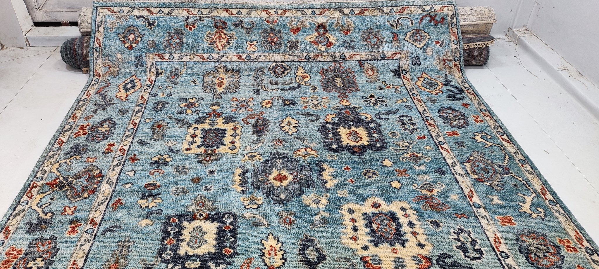 Jessica Serfaty 8x9.9 Hand-Knotted Blue Oushak | Banana Manor Rug Factory Outlet