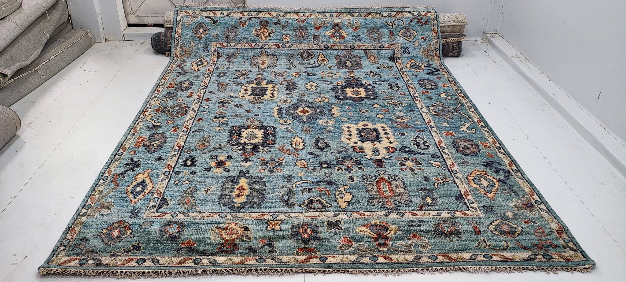 Jessica Serfaty 8x9.9 Hand-Knotted Blue Oushak | Banana Manor Rug Factory Outlet