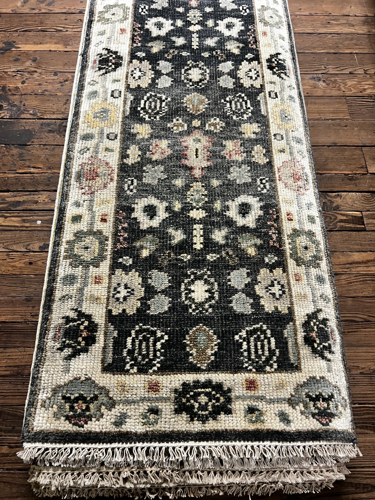 Judith Balis 2.6x24 Dark Grey and Ivory Hand-Knotted Oushak Runner | Banana Manor Rug Factory Outlet