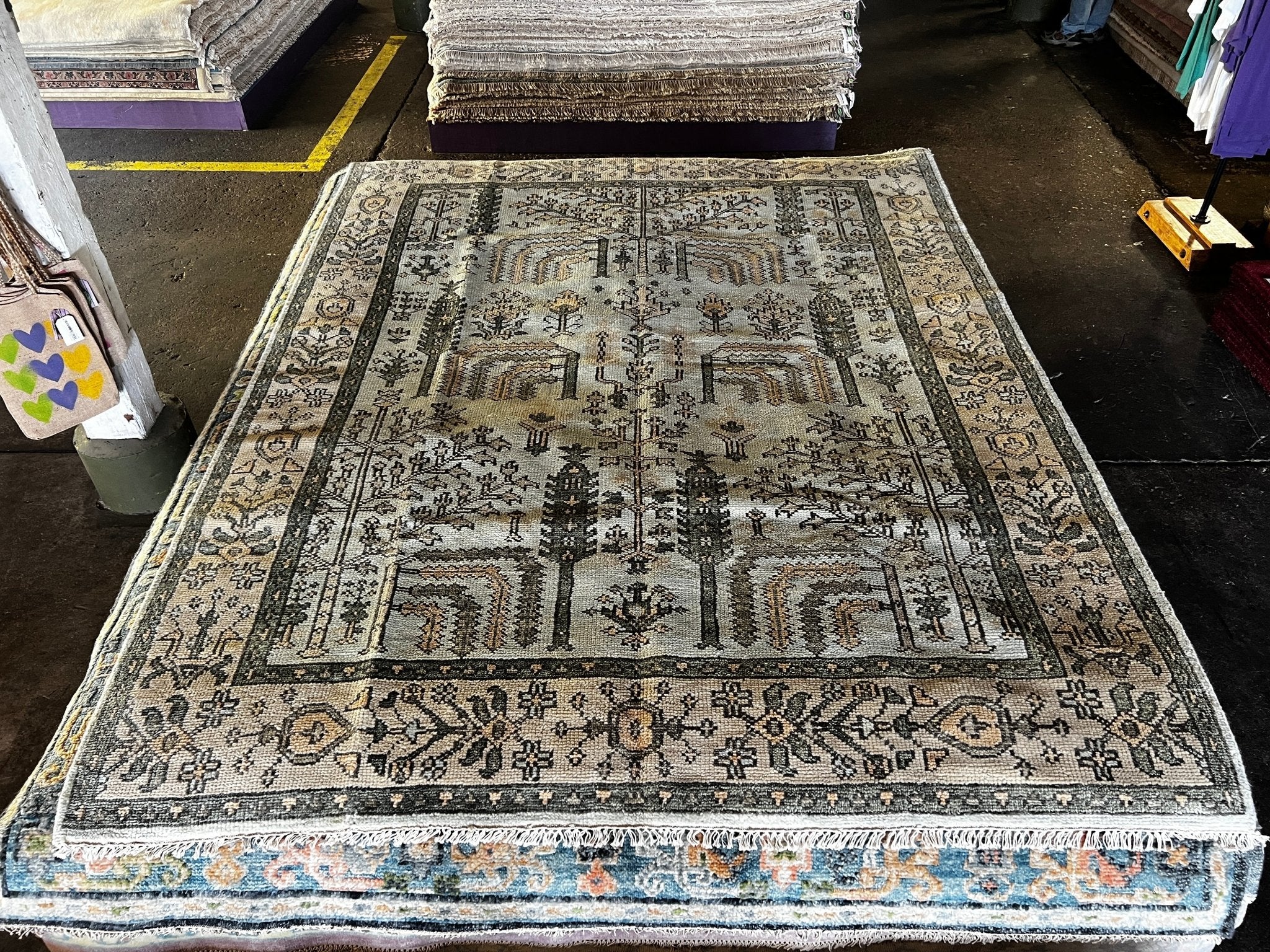 Kara Smith 7.9x9.9 Light Green and Tan Hand-Knotted Oushak Rug | Banana Manor Rug Factory Outlet
