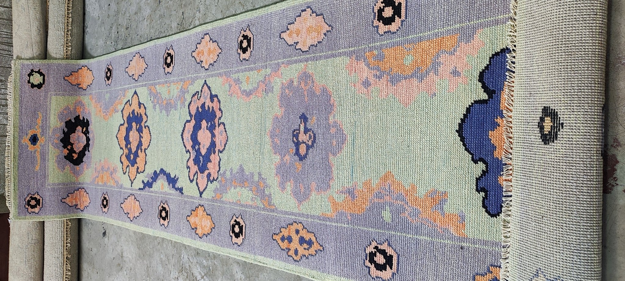 Karen Briggs 2.6x10 Hand Knotted Light Green & Purple Oushak | Banana Manor Rug Factory Outlet