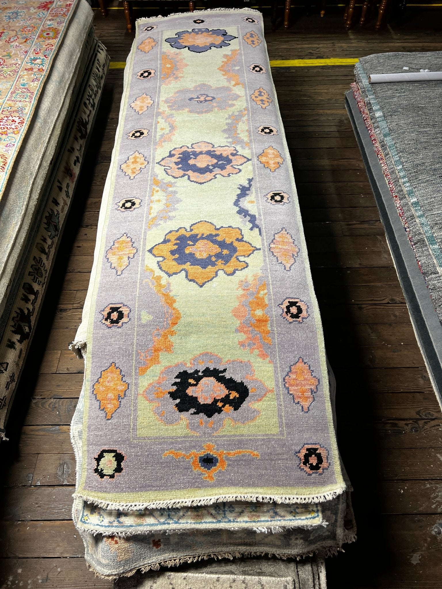 Karen Briggs 2.6x10 Hand-Knotted Light Green & Purple Oushak | Banana Manor Rug Factory Outlet