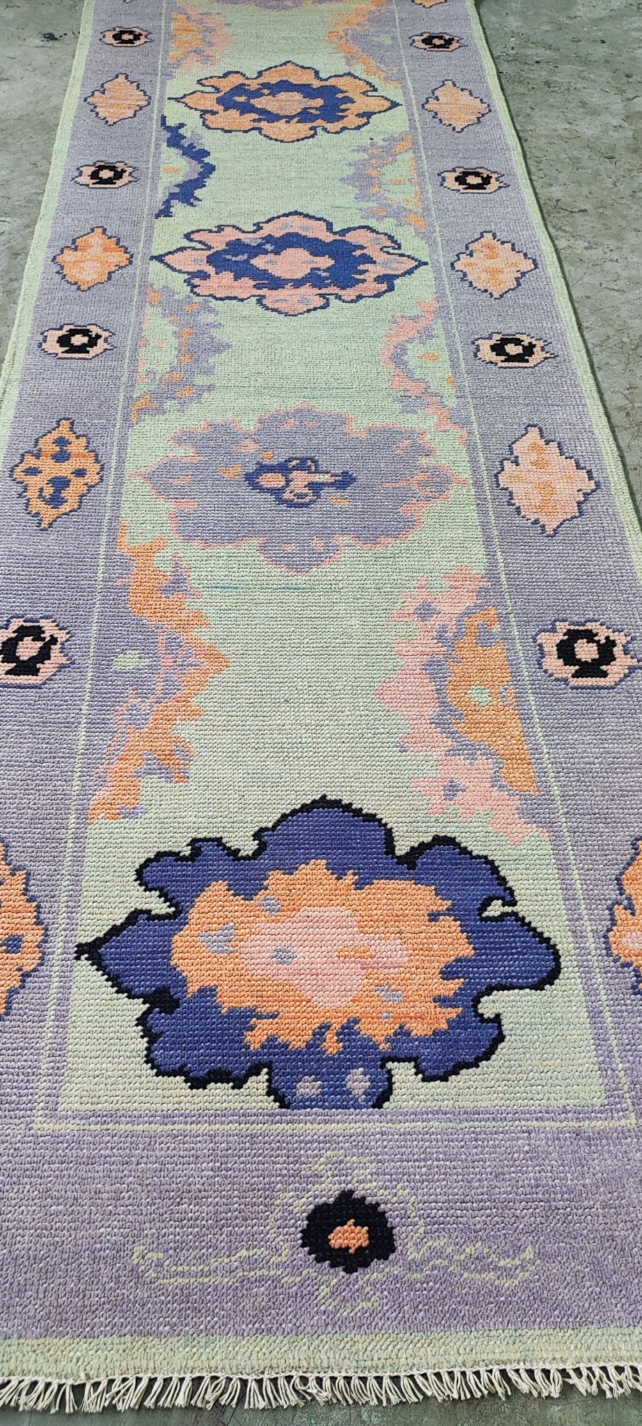 Karen Briggs 2.6x10 Hand Knotted Light Green & Purple Oushak | Banana Manor Rug Factory Outlet