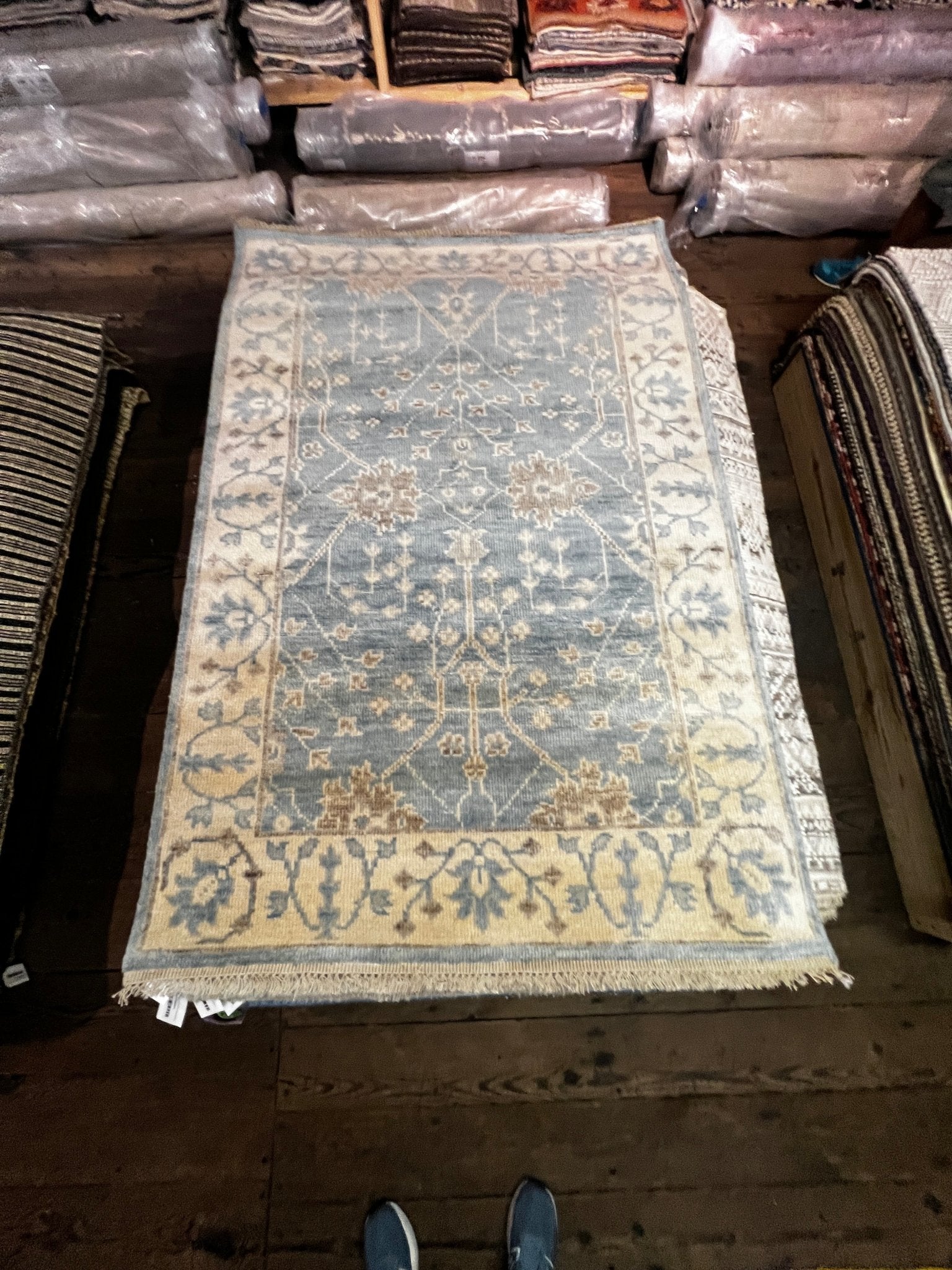 Kelly Behun Blue and Ivory Hand-Knotted Oushak Rug 4x6 | Banana Manor Rug Company