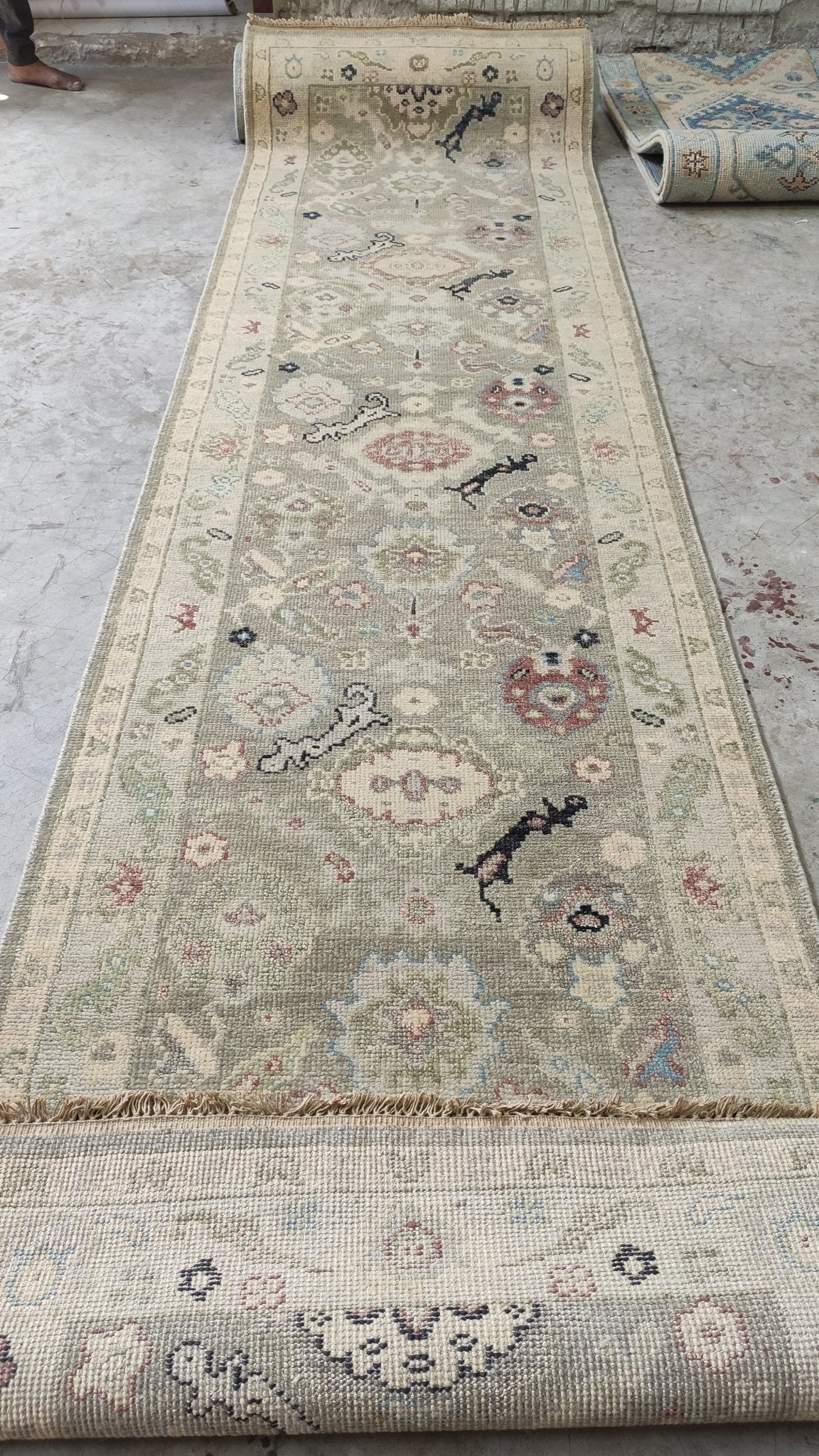 Kiera 3x12 Xanadu Greenish Grey Hand-Knotted Oushak Runner | Banana Manor Rug Company