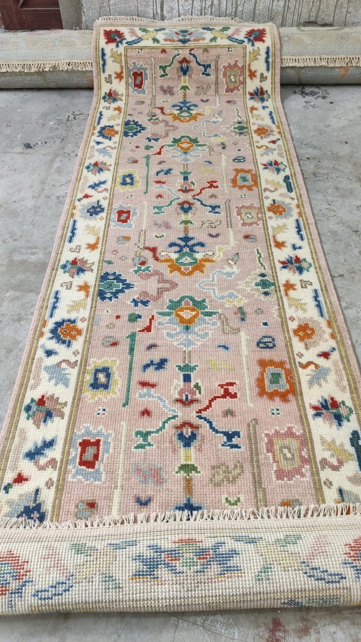 Kim Hertogs 2.6x8 Light Pink and Ivory Hand-Knotted Oushak Runner | Banana Manor Rug Company