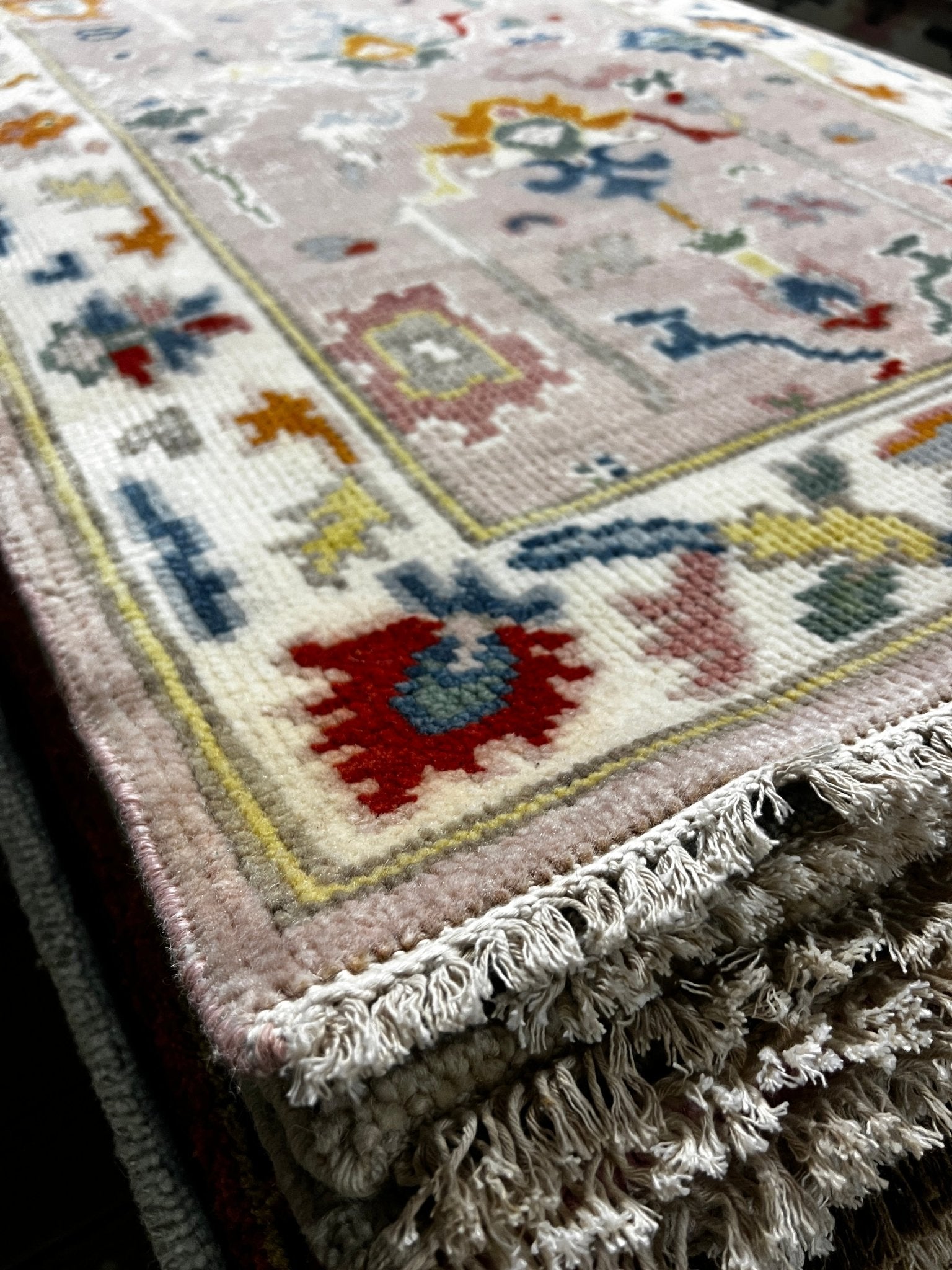 Kim Hertogs 2.6x8 Light Pink and Ivory Hand-Knotted Oushak Runner | Banana Manor Rug Company