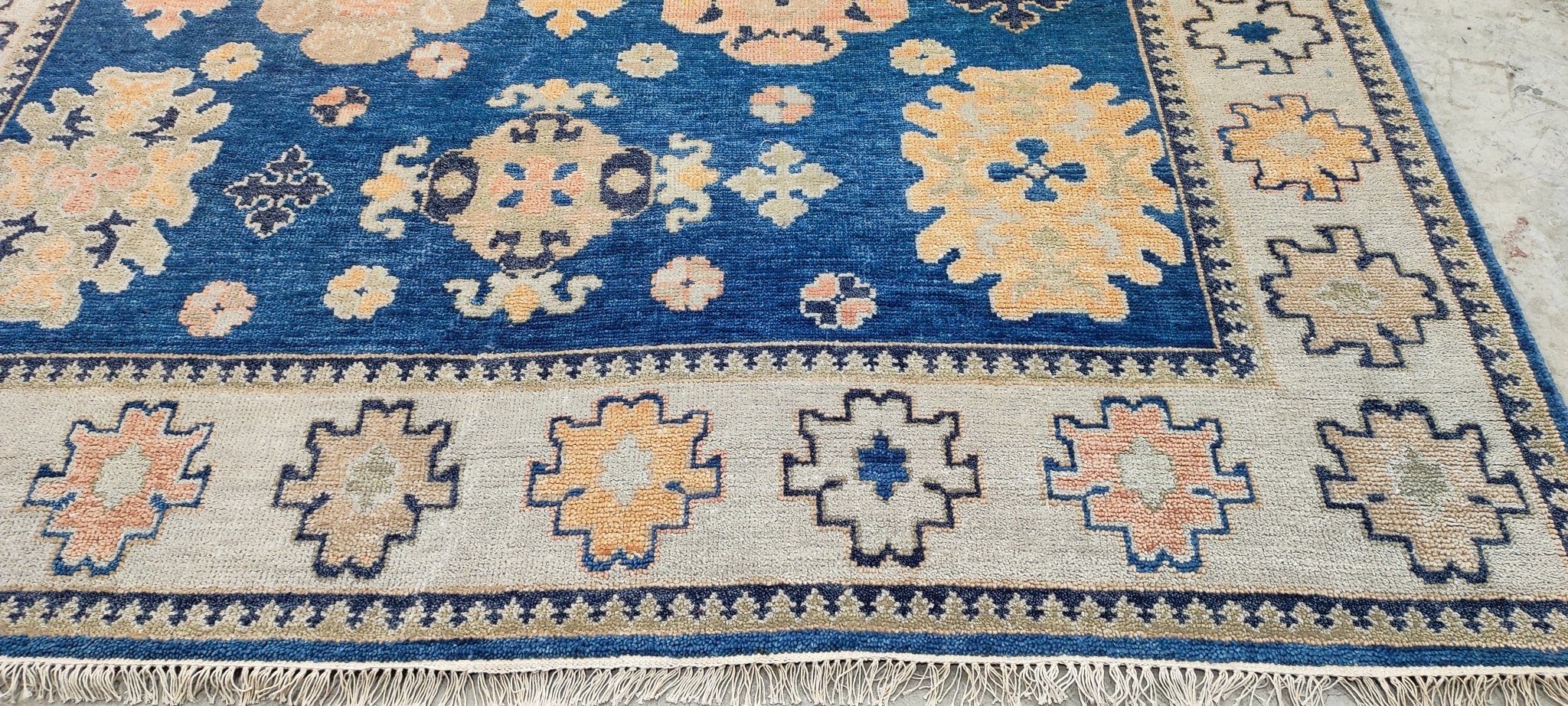 Kishani Perera Blue and Tan Hand-Knotted Oushak Rug 8x9.9 | Banana Manor Rug Company