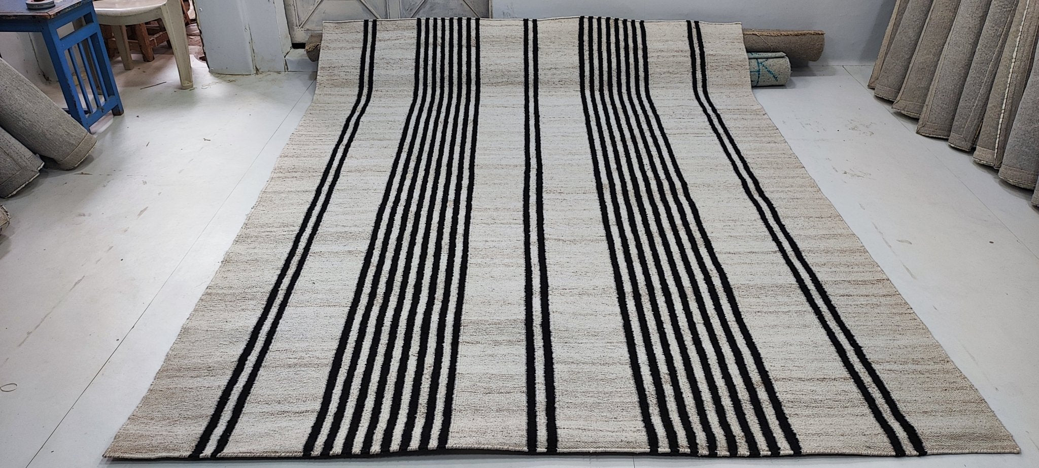 Knights of Nemesis 7.6x9.6 Handwoven Beige & Black Stripe Durrie | Banana Manor Rug Factory Outlet
