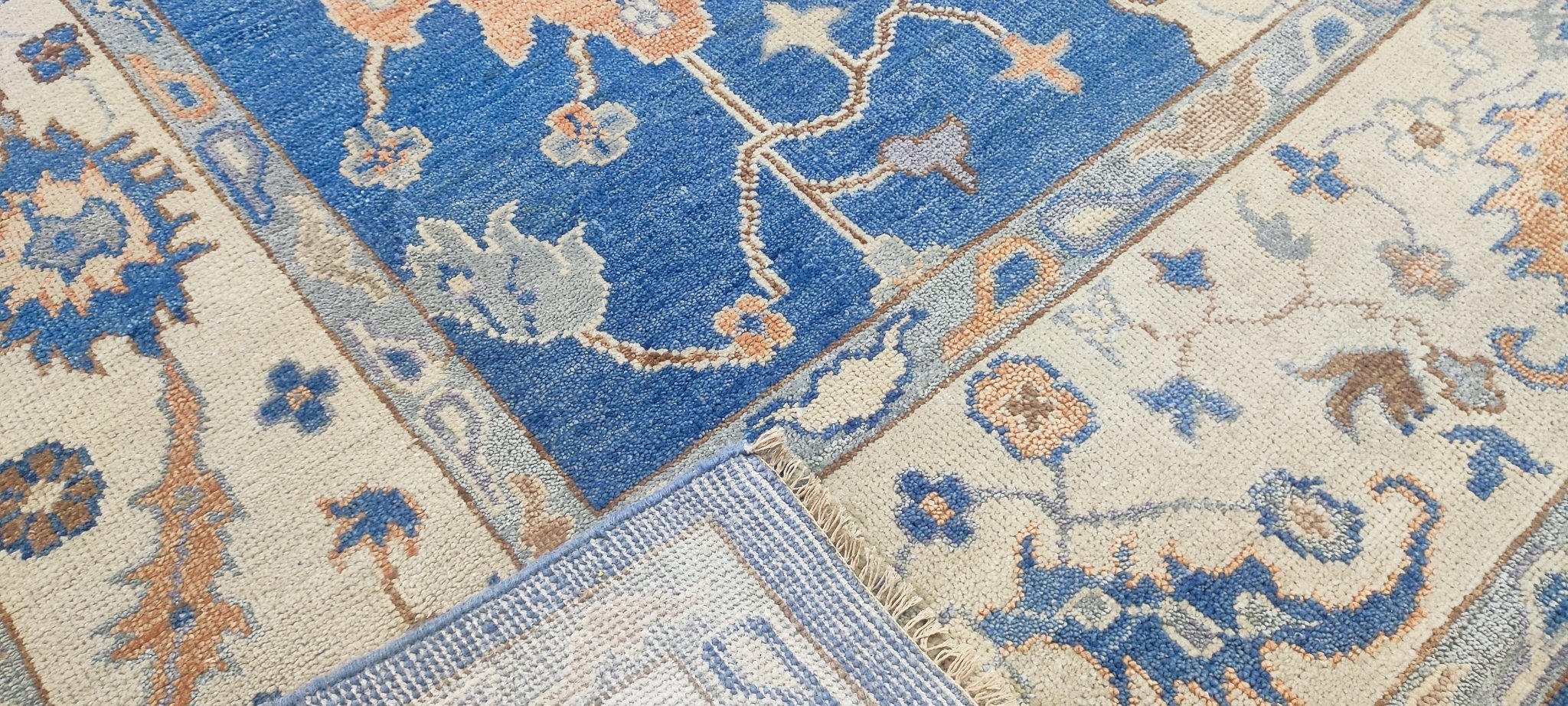 Kristina Asmus Hand-Knotted Oushak Rug Light Blue and Tan 10x14 | Banana Manor Rug Company