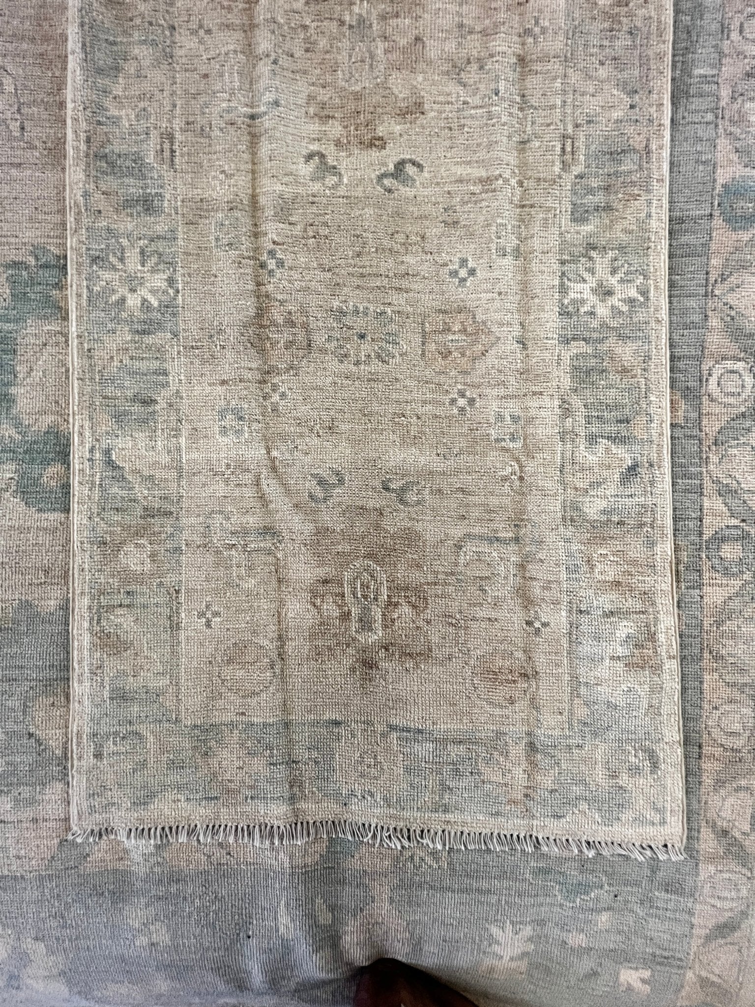 Laguna Lindsey 2.10x10.5 Beige, Tan, and Blue Hand-Knotted Afghani Oushak Runner | Banana Manor Rug Company