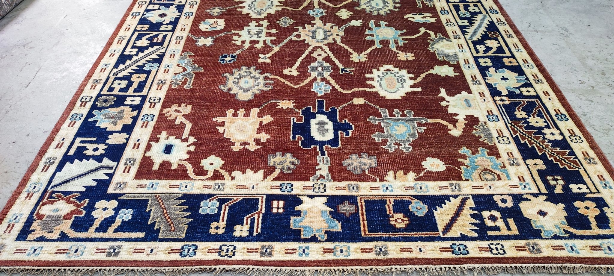 Laura Sartori Rimini Brown and Blue Hand-Knotted Oushak Rug 8x10 | Banana Manor Rug Company