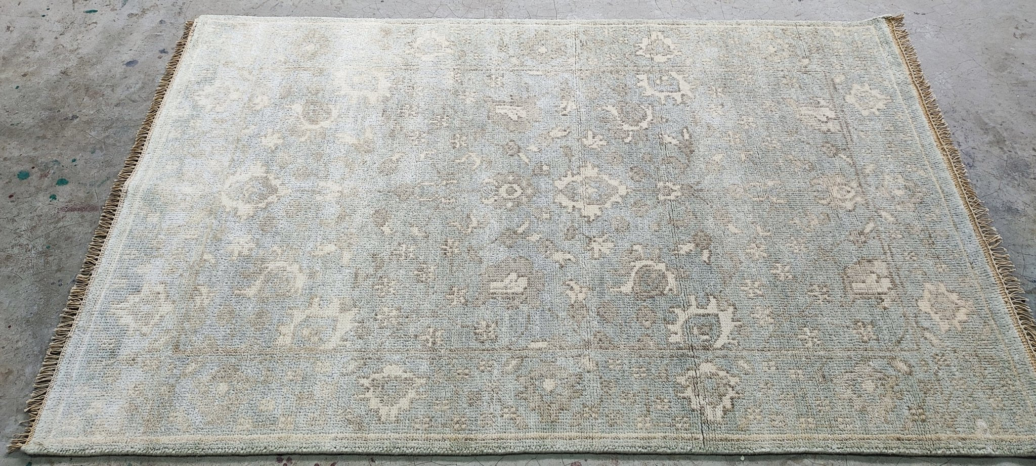 Lauren Geremia Light Green and Tan Hand-Knotted Oushak Rug 4x6.3 | Banana Manor Rug Company