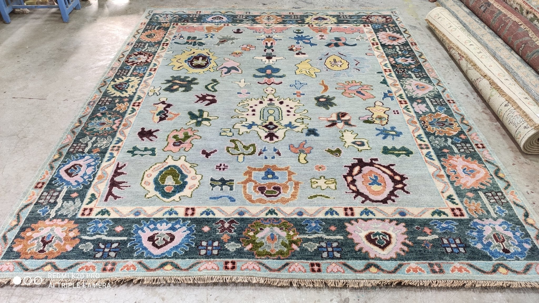 Laverne Hand-Knotted 8x9.9 Light Blue & Dark Gray Oushak | Banana Manor Rug Company