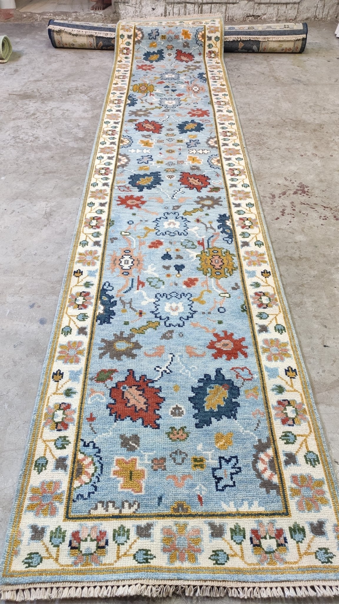 Lilandra 2.6x12 Light blue and Ivory Hand-Knotted Runner | Banana Manor Rug Company