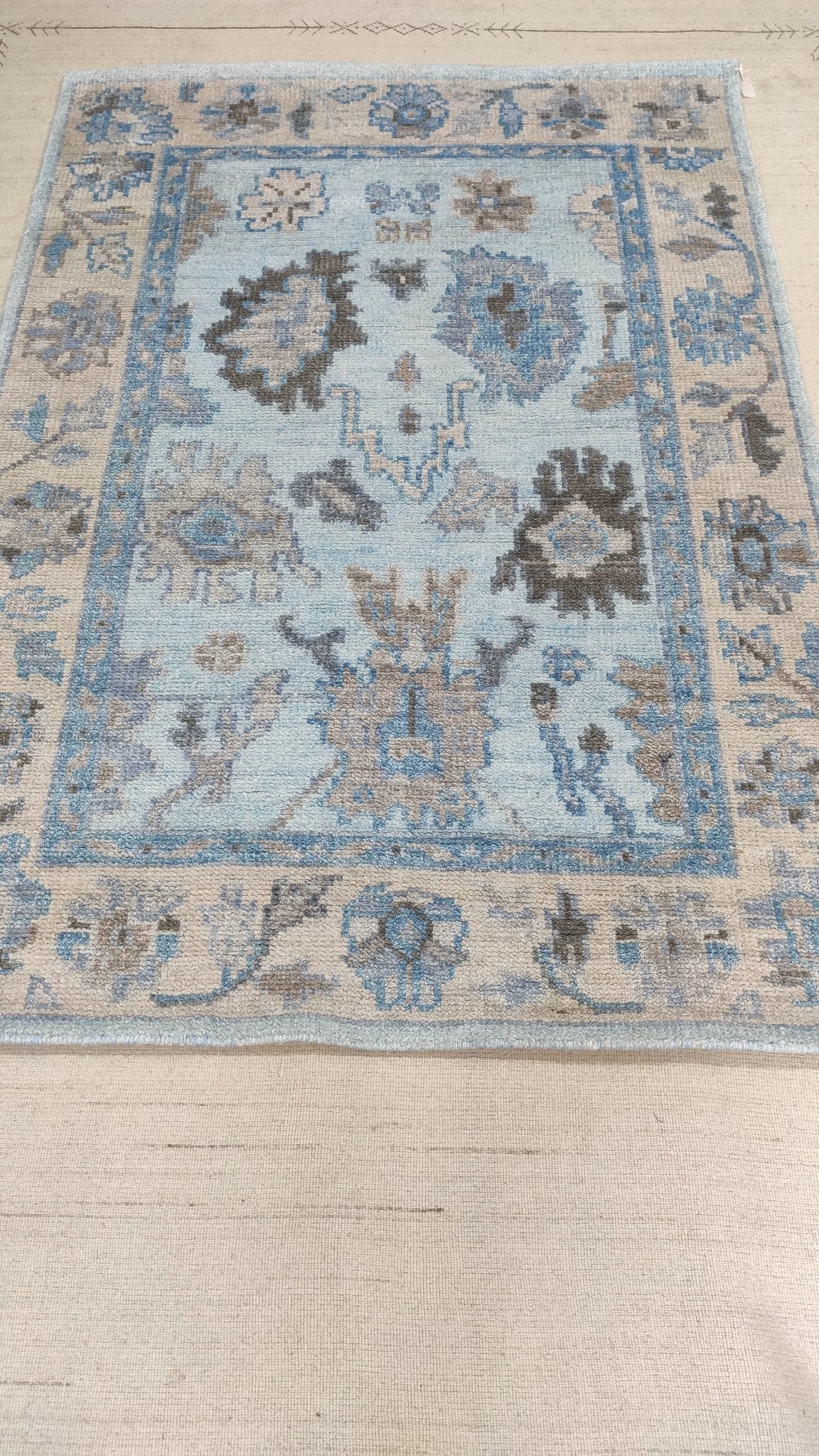 Liliana 4x6 Sky Blue and Beige Hand-Knotted Bamboo Silk Oushak Rug