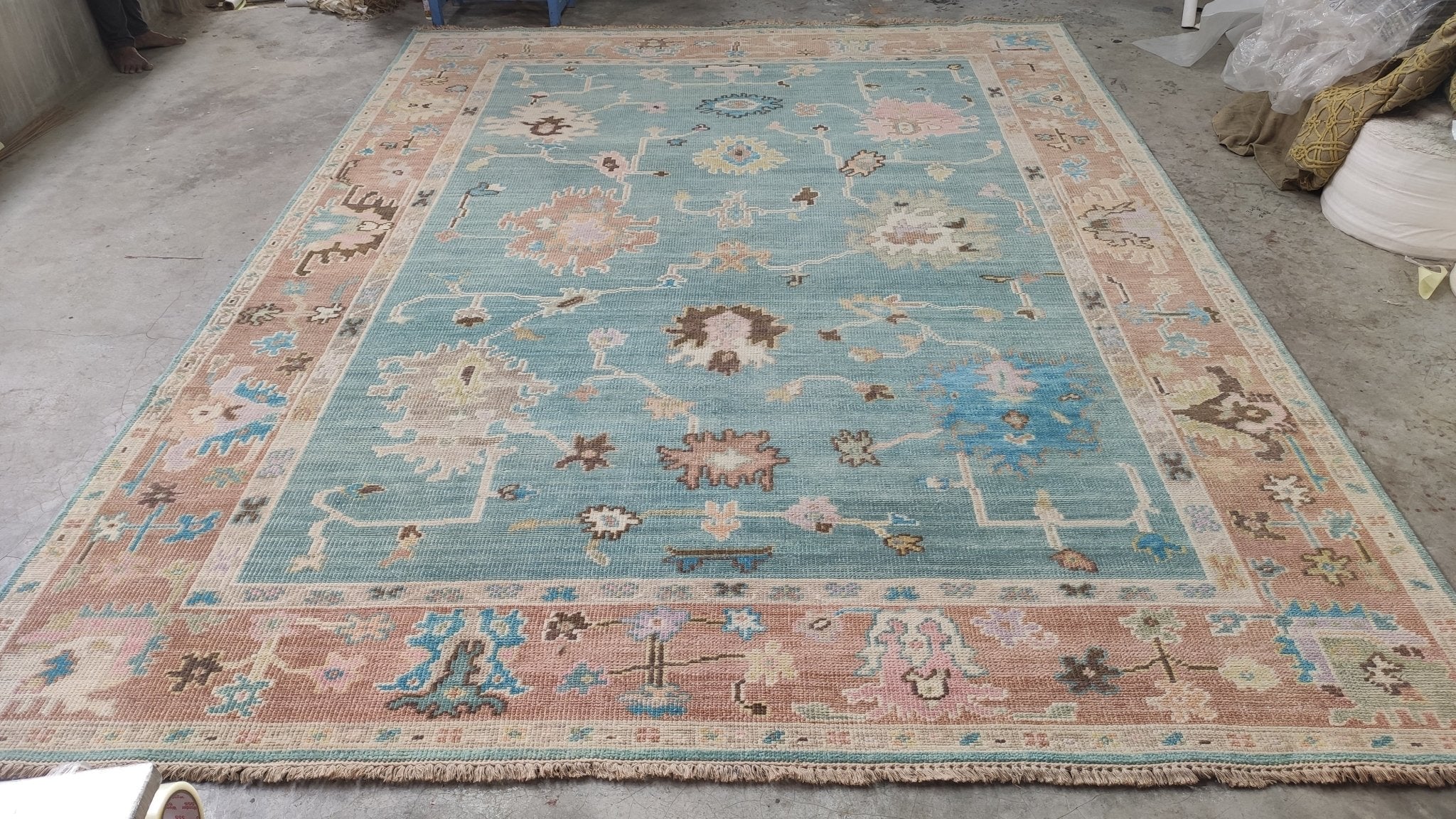 Lilith 9x12 Light Blue and Rust Hand-Knotted Oushak Rug | Banana Manor Rug Company