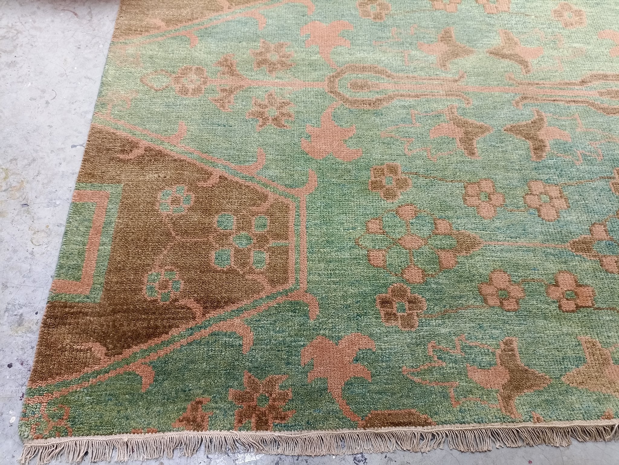 Linda Belcher 11x11 Green and Brown Hand-Knotted Oushak Rug | Banana Manor Rug Company