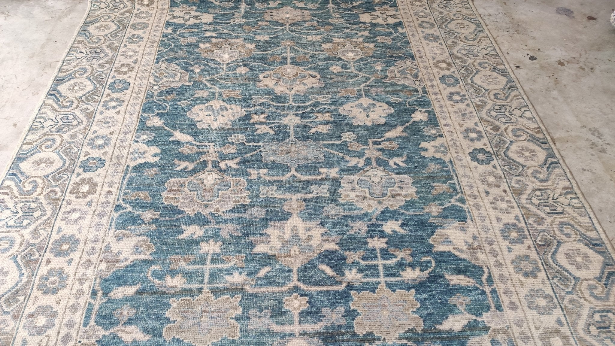 Linda Fiorentino 6.3x9 Blue and Beige Hand-Knotted Oushak Rug | Banana Manor Rug Company