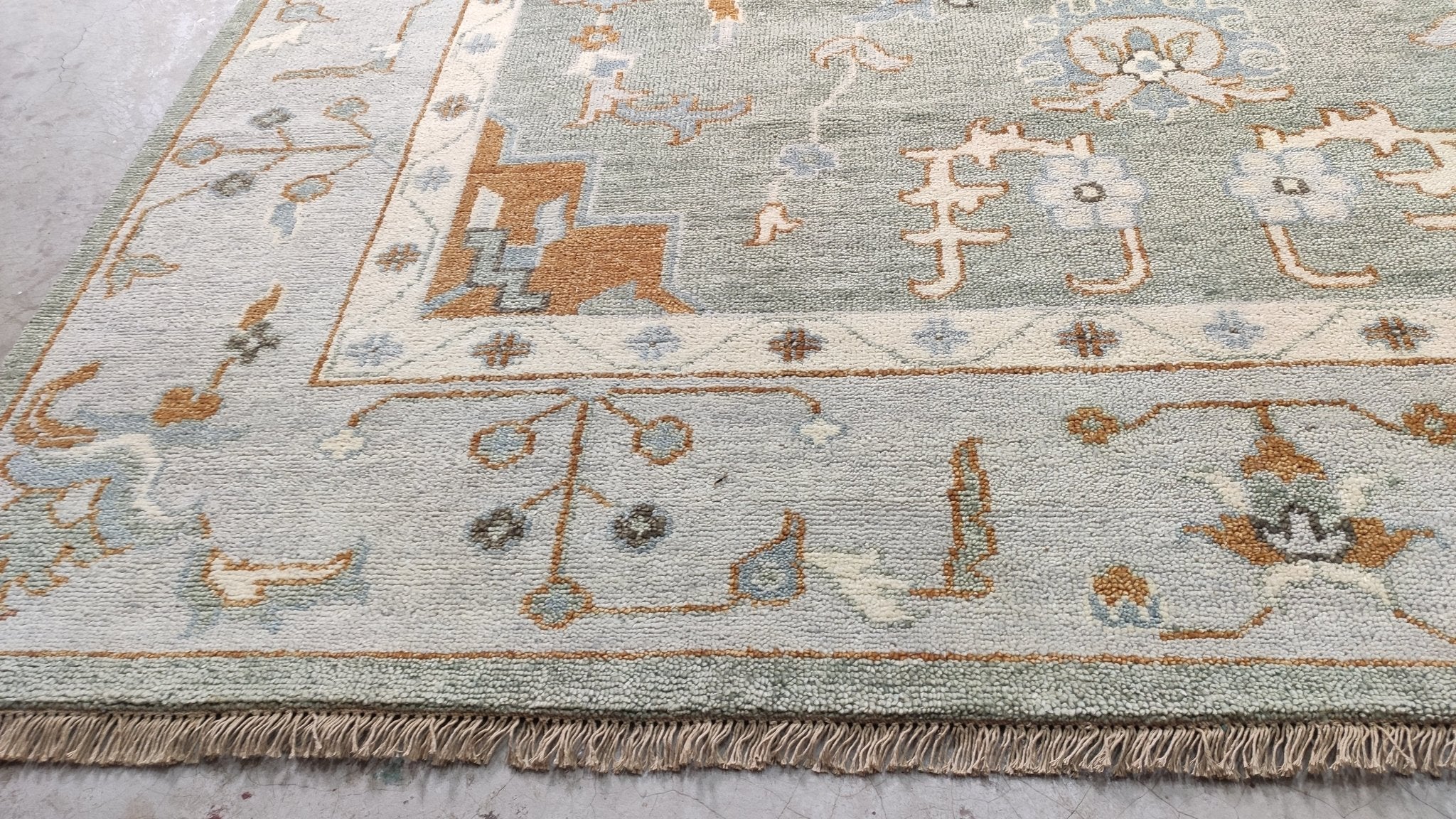 Lorraine 8x10 Light Green and Ivory Hand-Knotted Oushak Rug | Banana Manor Rug Company