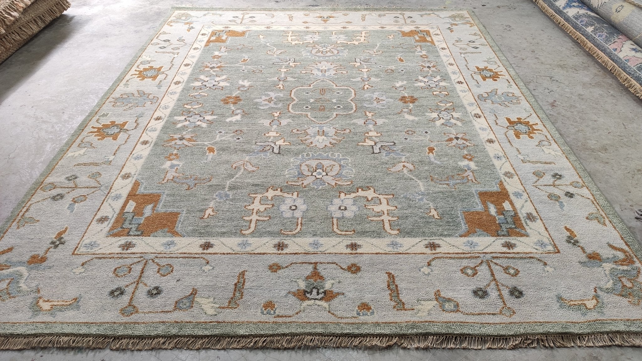 Lorraine 8x10 Light Green and Ivory Hand-Knotted Oushak Rug | Banana Manor Rug Company