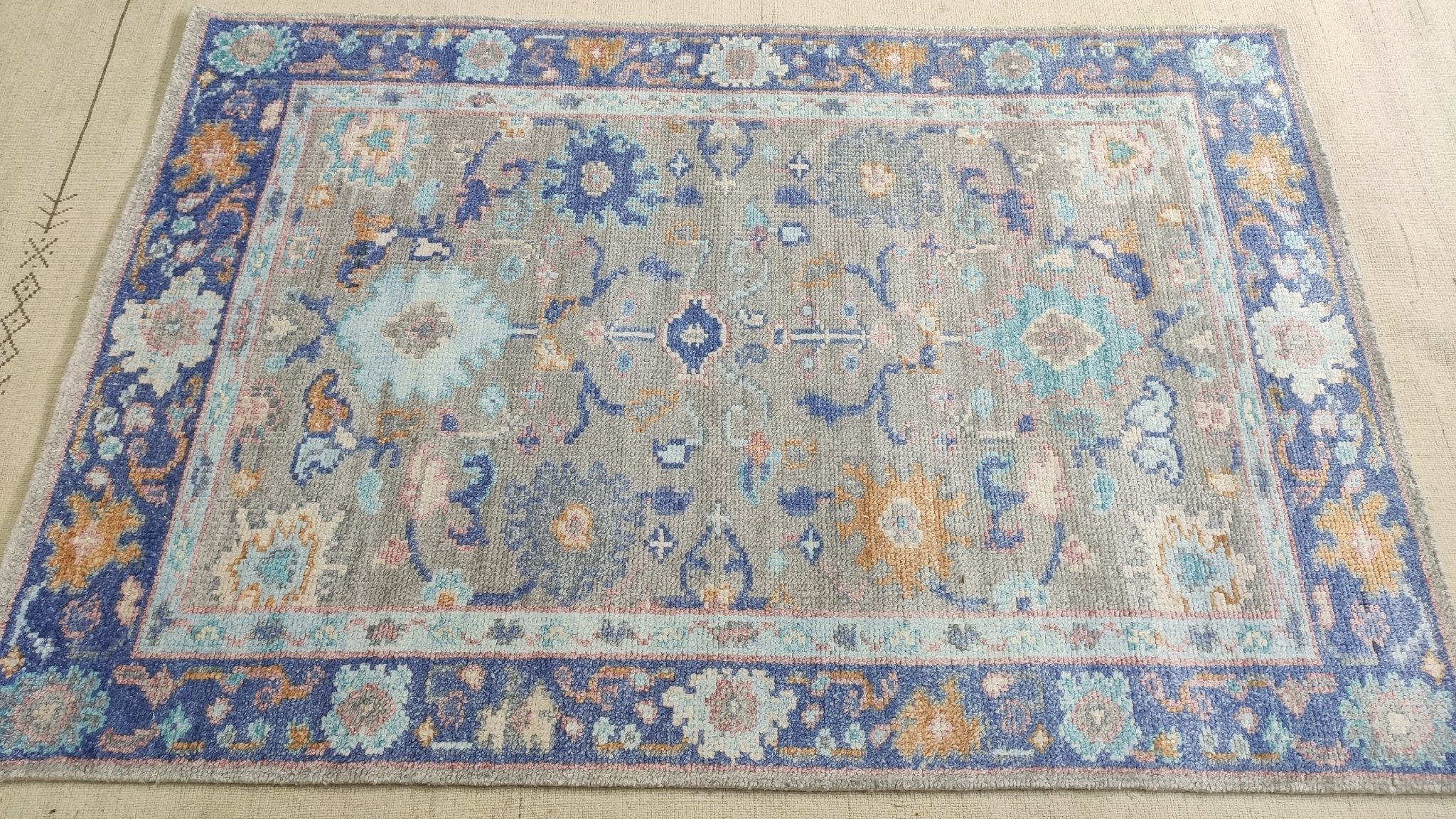 Lottie 4x6 Beige and Blue Hand-Knotted Bamboo Silk Oushak Rug | Banana Manor Rug Company