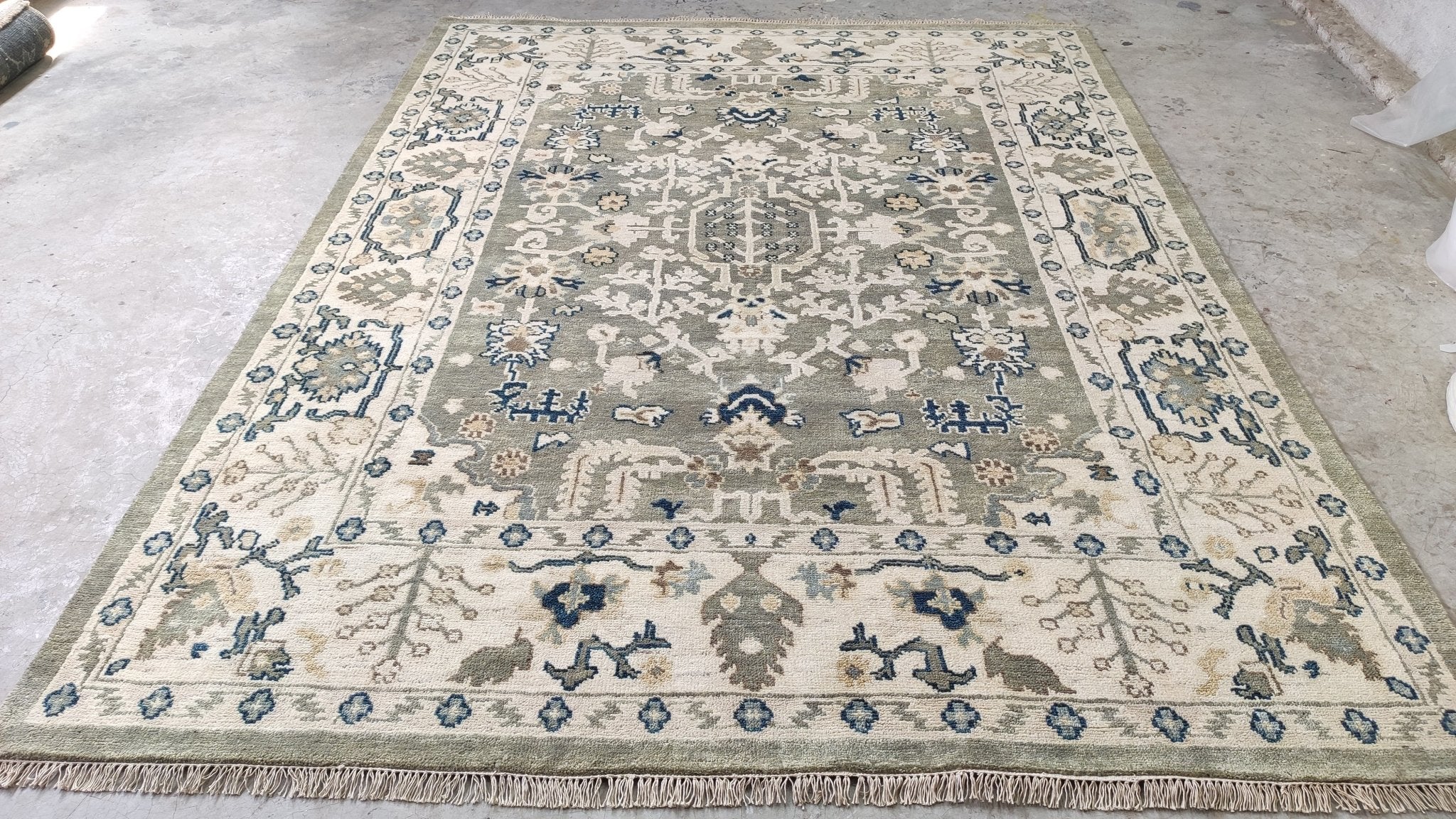 Louisa 7.9x10 Light Green and Ivory Hand-Knotted Oushak Rug | Banana Manor Rug Company