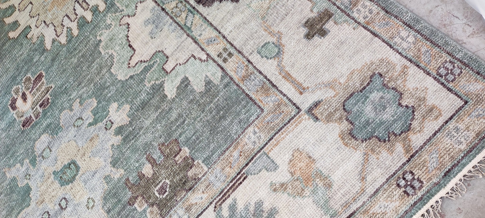 Mara Miller 10X14 Light Green and Tan Hand-Knotted Oushak Rug | Banana Manor Rug Company