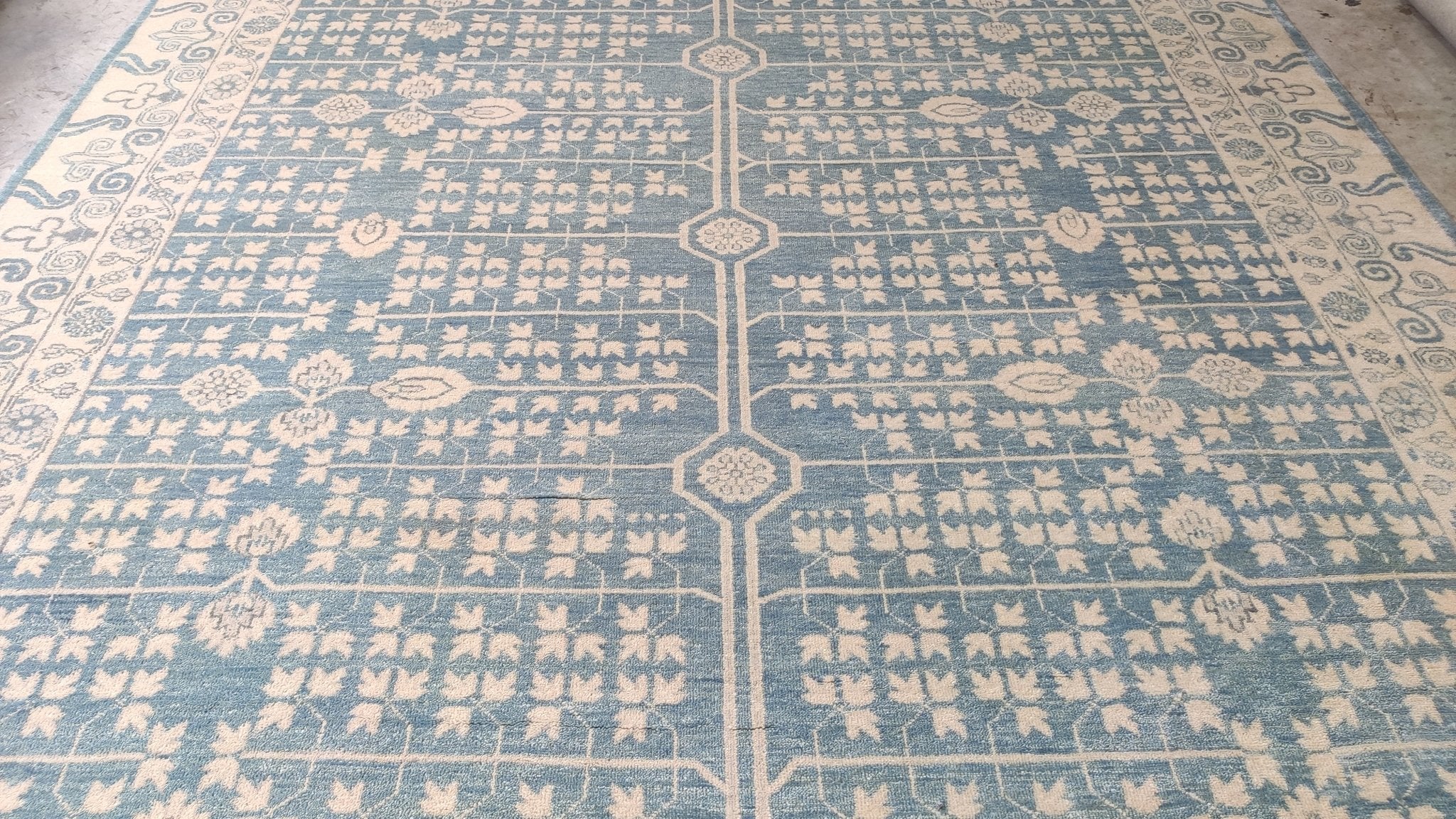 Marais 9x11.9 Blue and Tan Hand-Knotted Oushak Rug | Banana Manor Rug Company