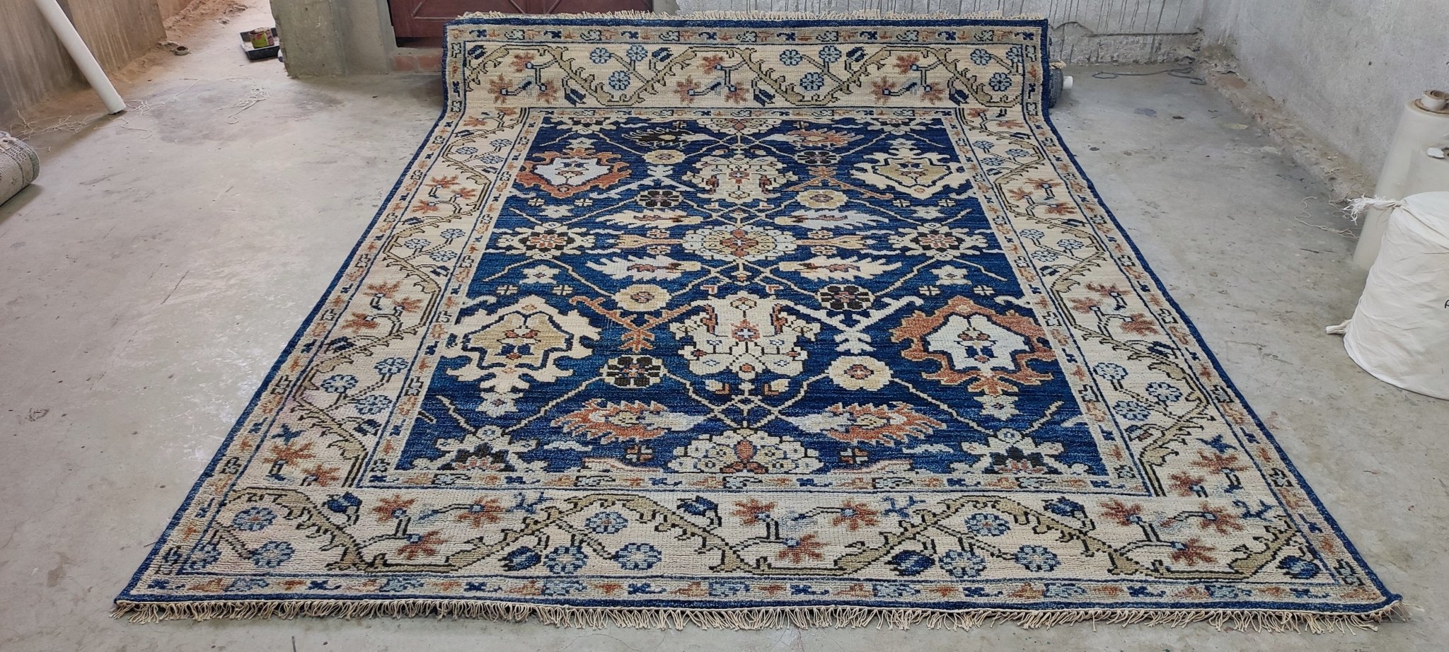 Marbé Blue and Beige Hand-Knotted Oushak Rug 8x10 | Banana Manor Rug Company