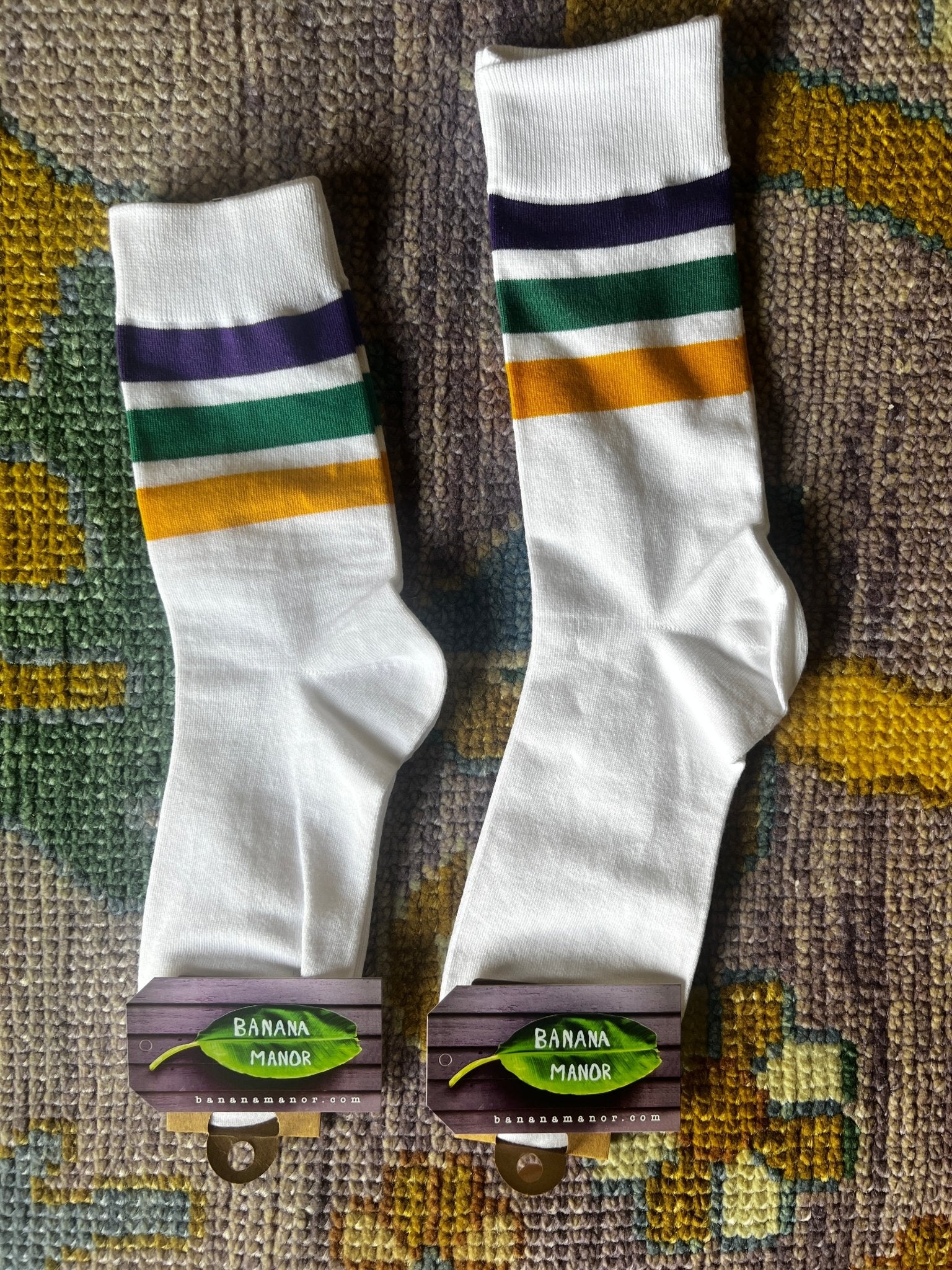 Mardi Gras 3-Stripe White Socks | Banana Manor Rug Company