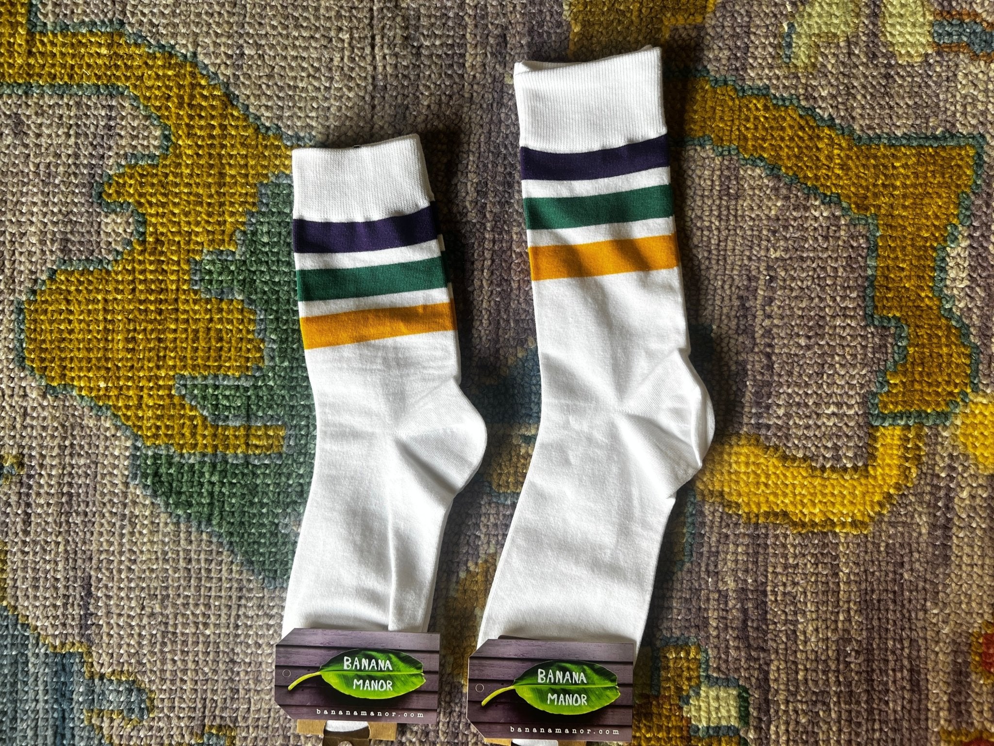 Mardi Gras 3-Stripe White Socks | Banana Manor Rug Company