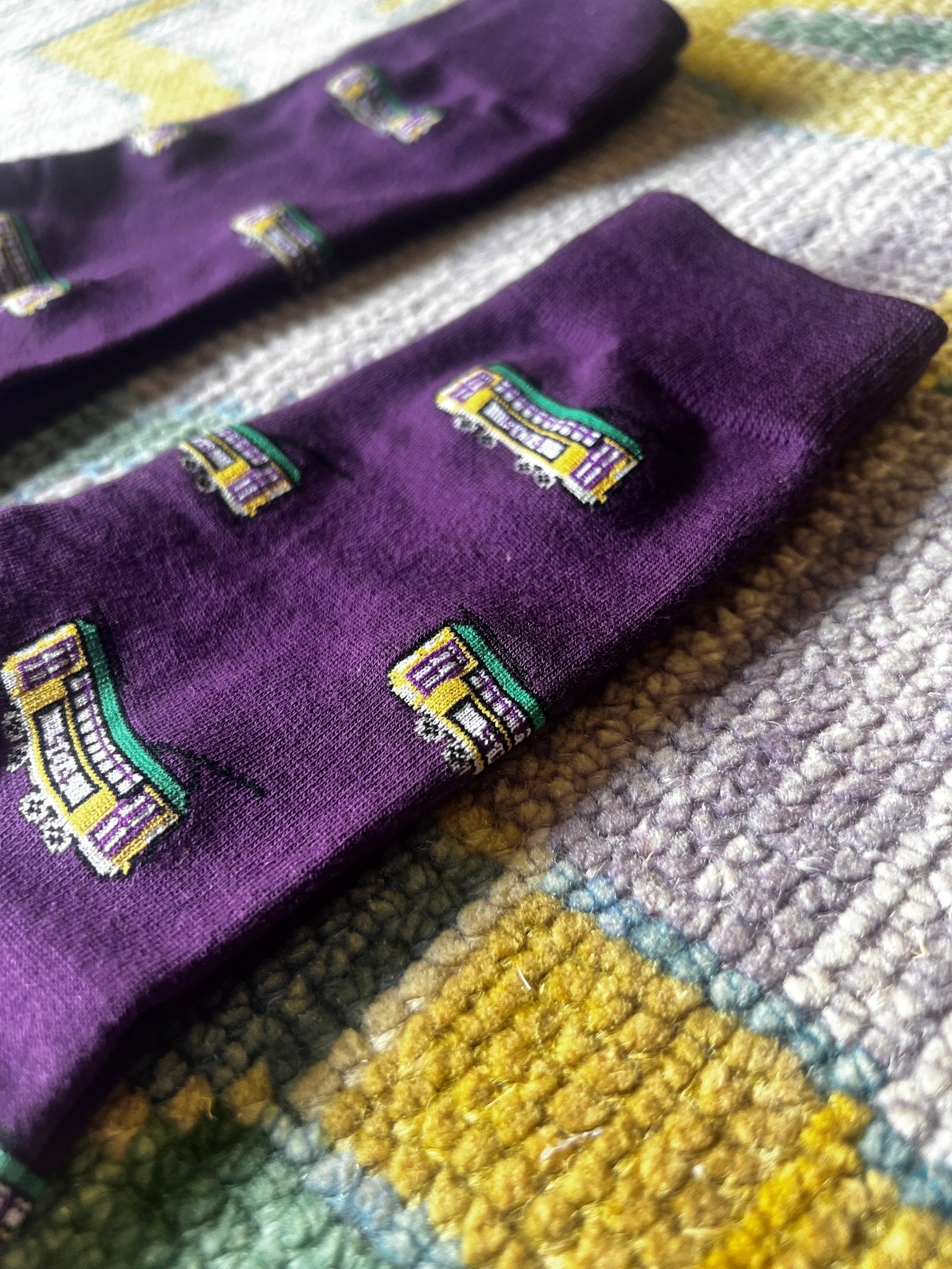 Mardi Gras Purple Streetcar Socks | Banana Manor Rug Company