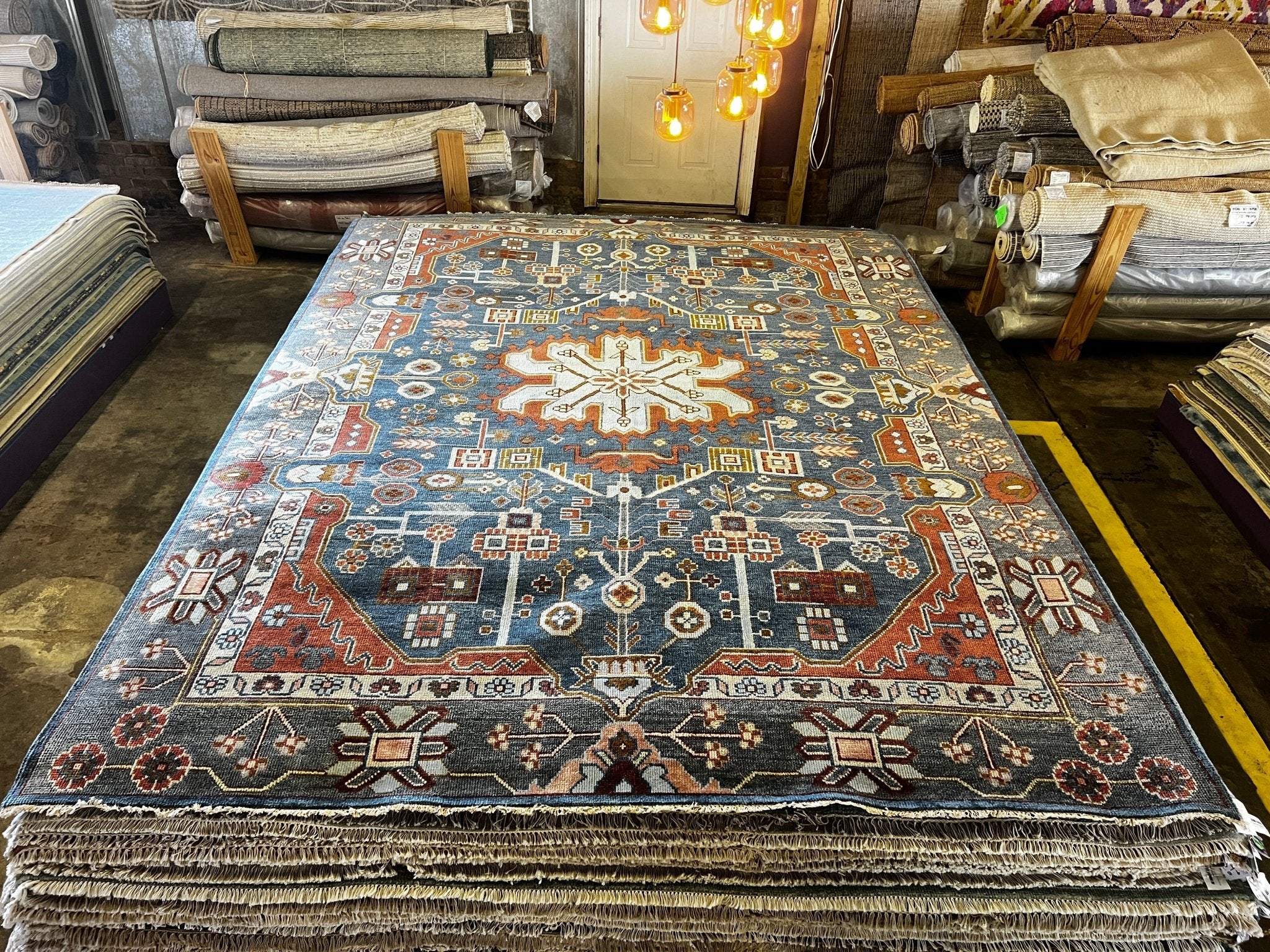Marian McEvoy Blue and Grey Hand-Knotted Oushak Rug 9x12 | Banana Manor Rug Factory Outlet