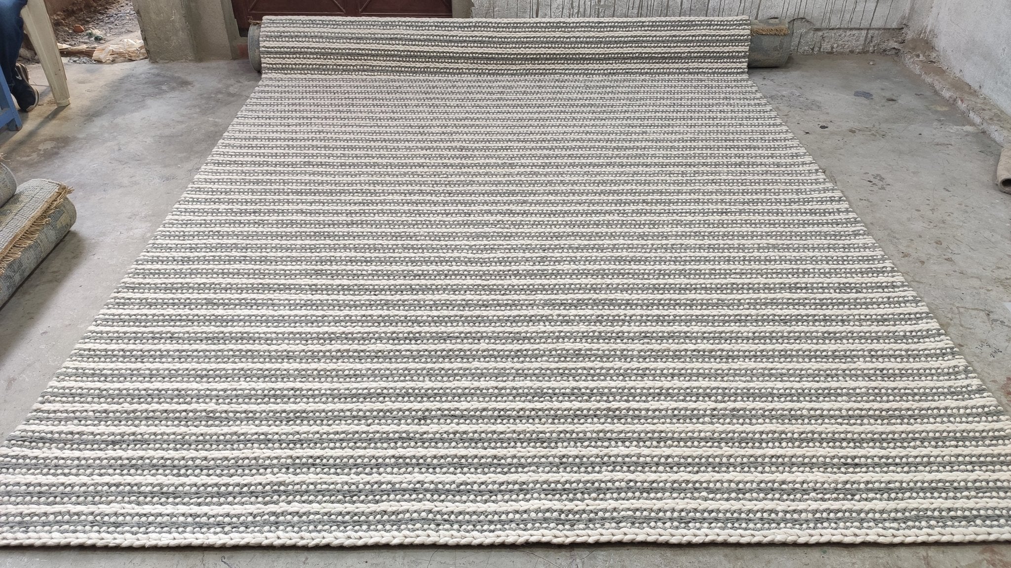 Marie 8x10 Ivory and Grey Striped Handwoven Durrie Rug | Banana Manor Rug Company