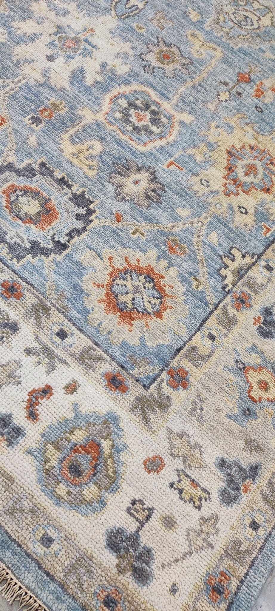 Marina Aleksandrova Hand-Knotted Oushak Rug Light Blue and Tan 9x12 | Banana Manor Rug Company