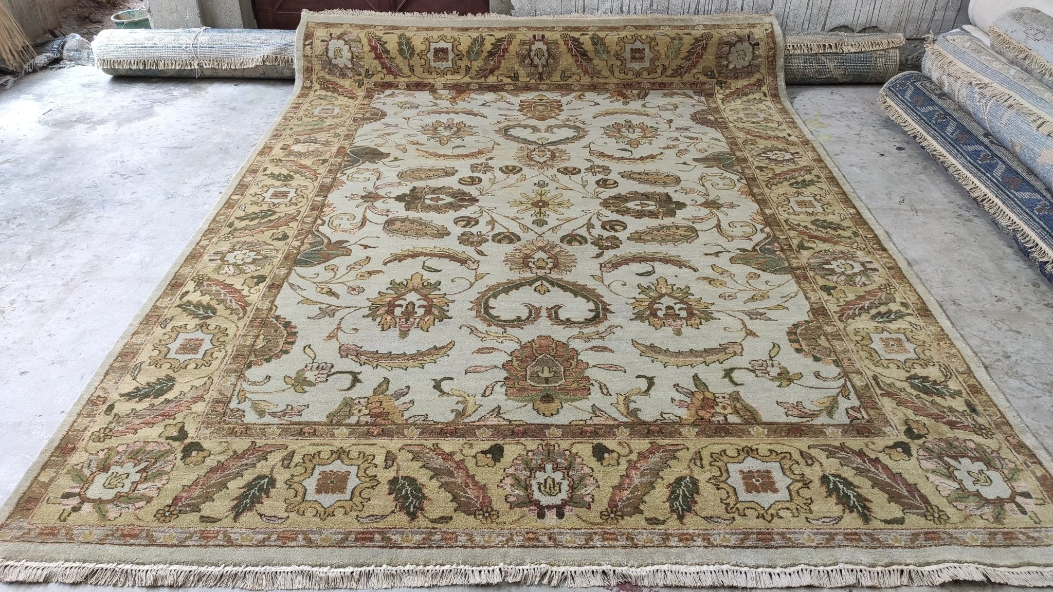 Marquis 7.9x9.6 Beige and Gold Hand-Knotted Kashan Rug | Banana Manor Rug Company