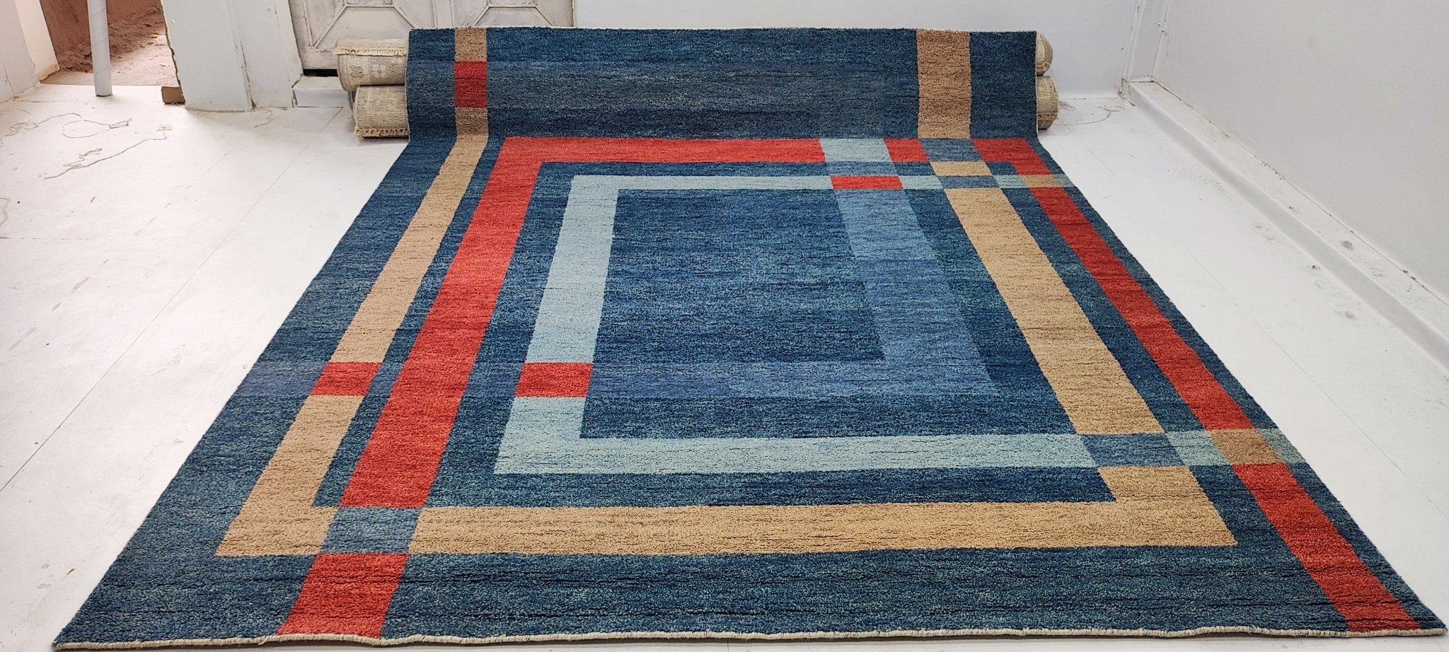 Mathias 8x10 Hand-Knotted Blue & Rust Geometrical | Banana Manor Rug Factory Outlet