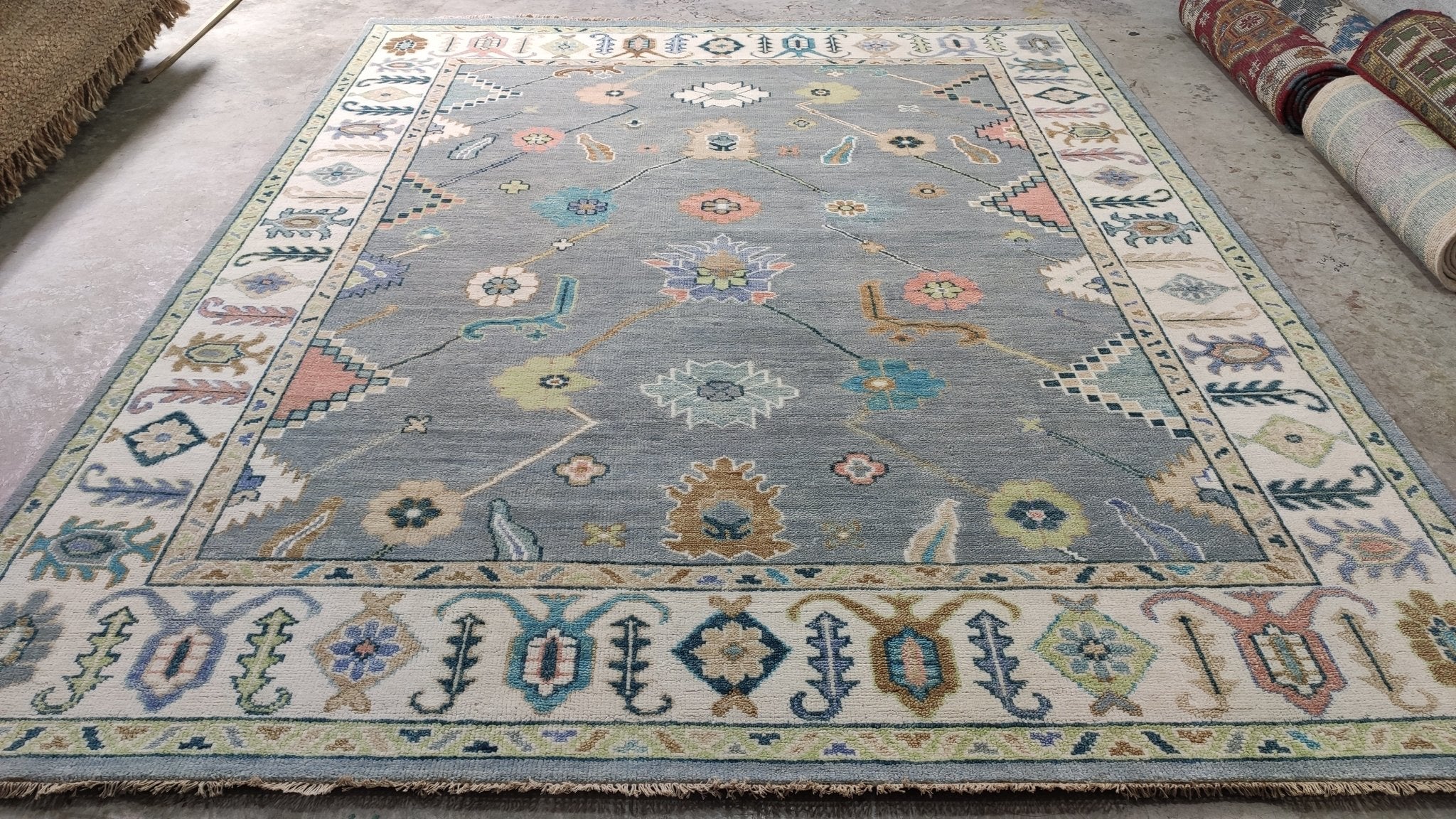 Mavis 8x9.9 Light Blue and Ivory Hand-Knotted Oushak Rug | Banana Manor Rug Company