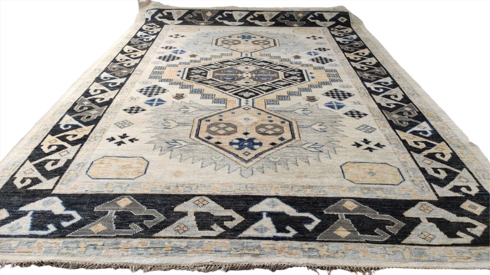 Megara 10x14 Ivory and Black Hand-Knotted Oushak Rug | Banana Manor Rug Company