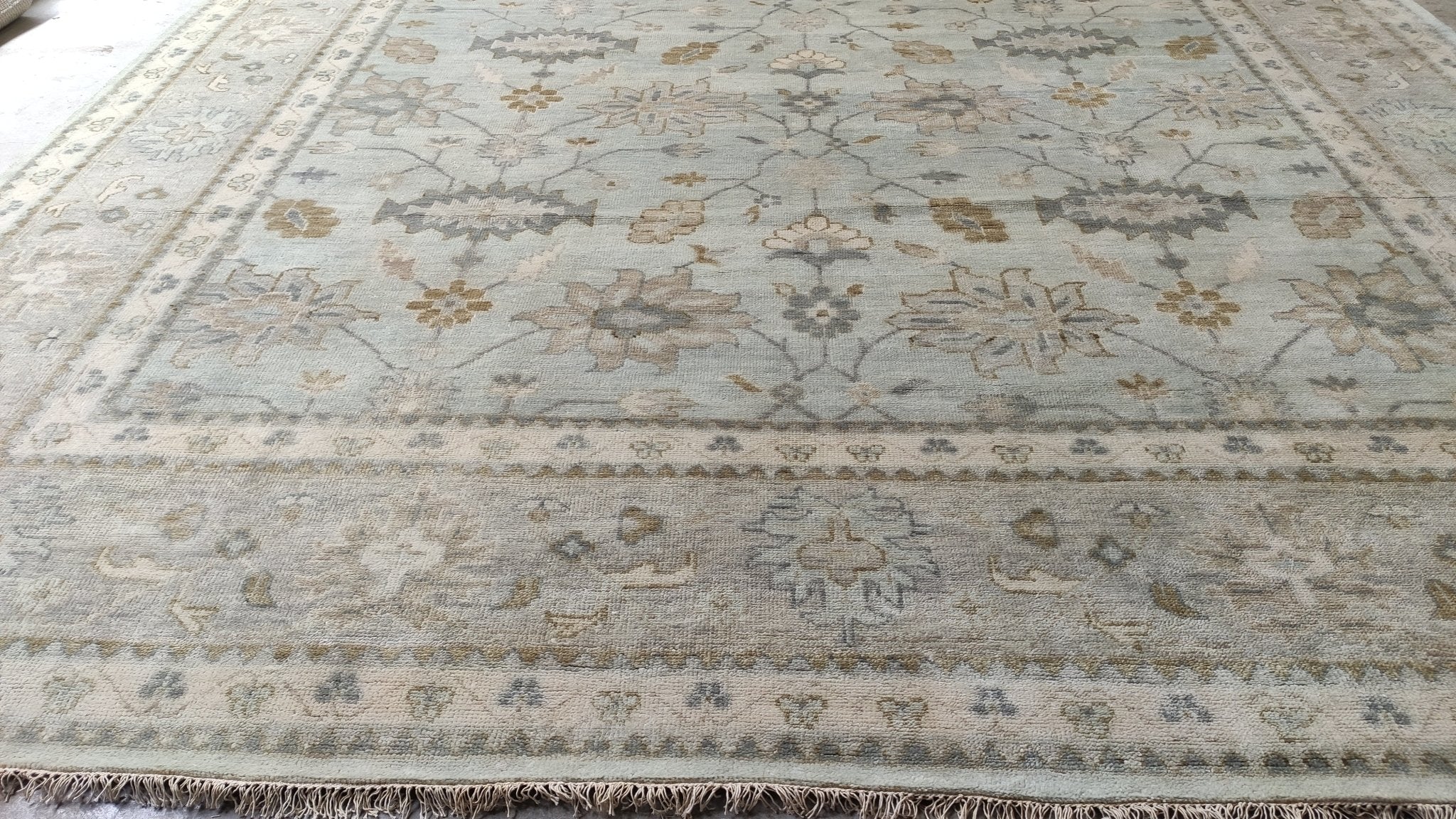 Melrose 11.9x15 Aqua and Grey Hand-Knotted Oushak Rug | Banana Manor Rug Company