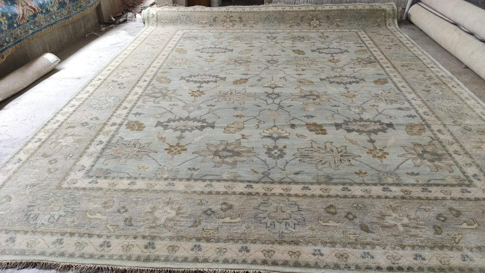 Melrose 11.9x15 Aqua and Grey Hand-Knotted Oushak Rug | Banana Manor Rug Company