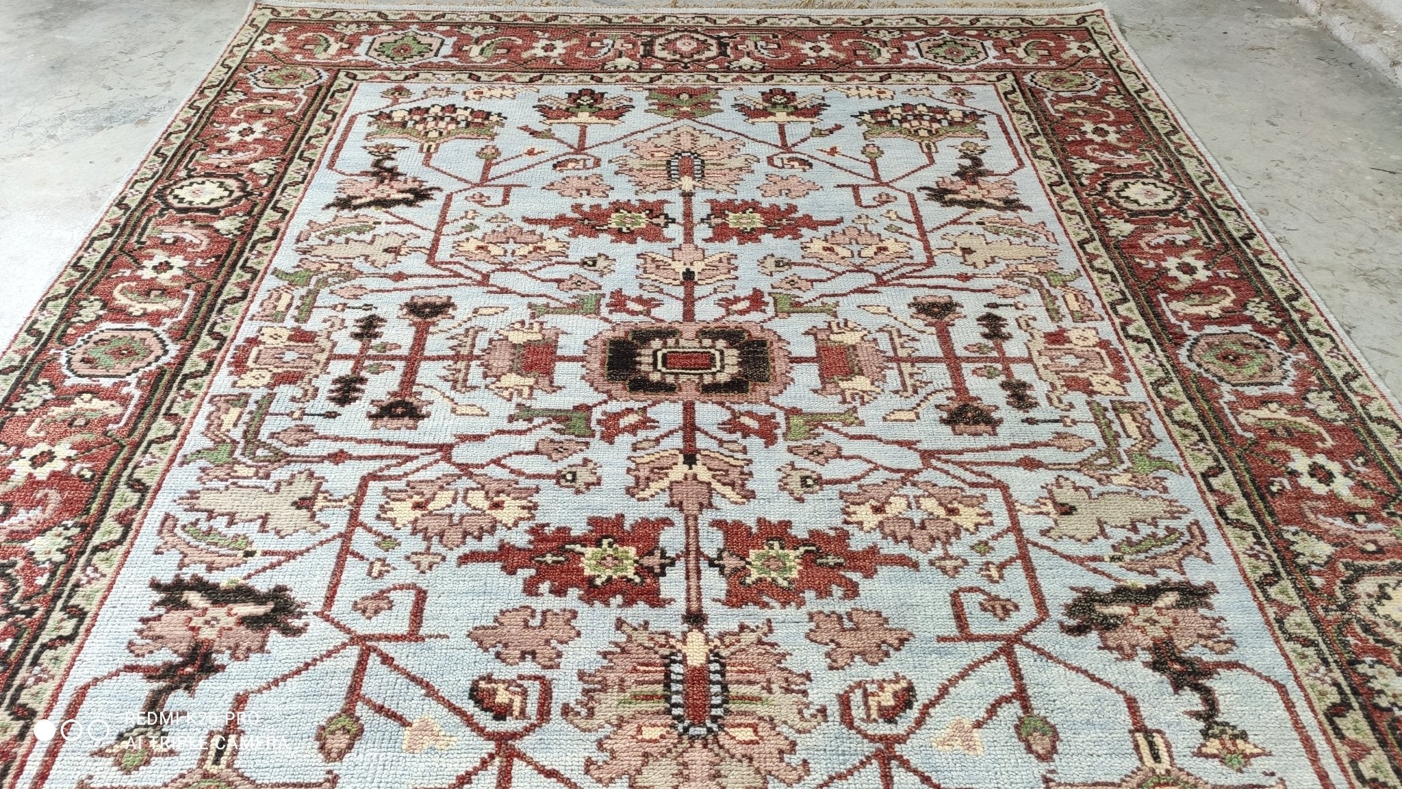 Michelle 7.9x10 Light Blue and Rust Hand-Knotted Oushak Rug | Banana Manor Rug Factory Outlet