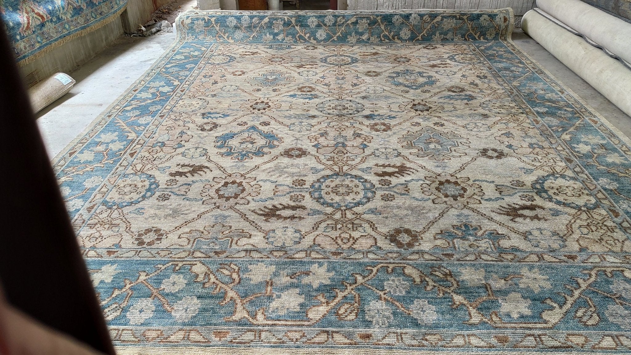 Milan 12x15 Beige and Blue Hand-Knotted Oushak Rug | Banana Manor Rug Company