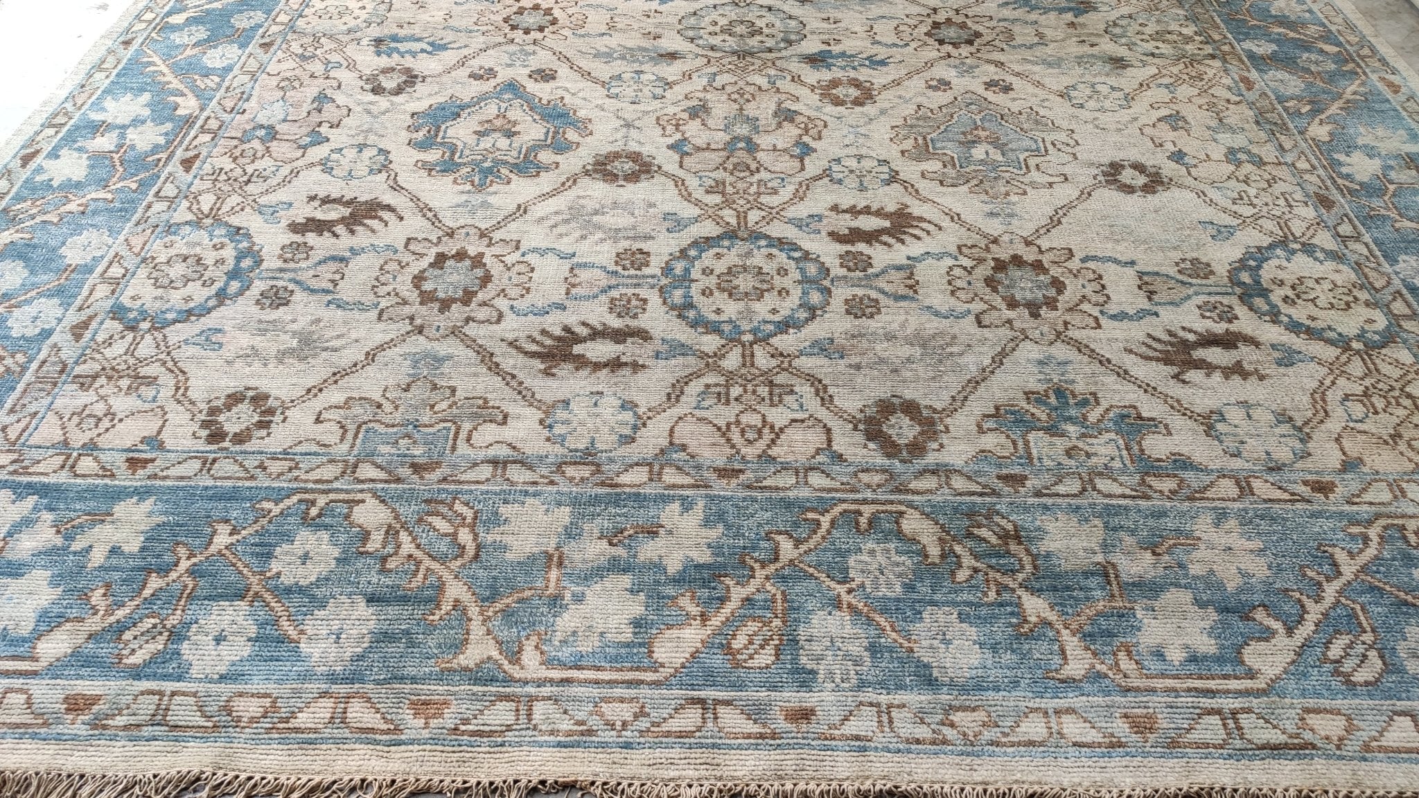 Milan 12x15 Beige and Blue Hand-Knotted Oushak Rug | Banana Manor Rug Company