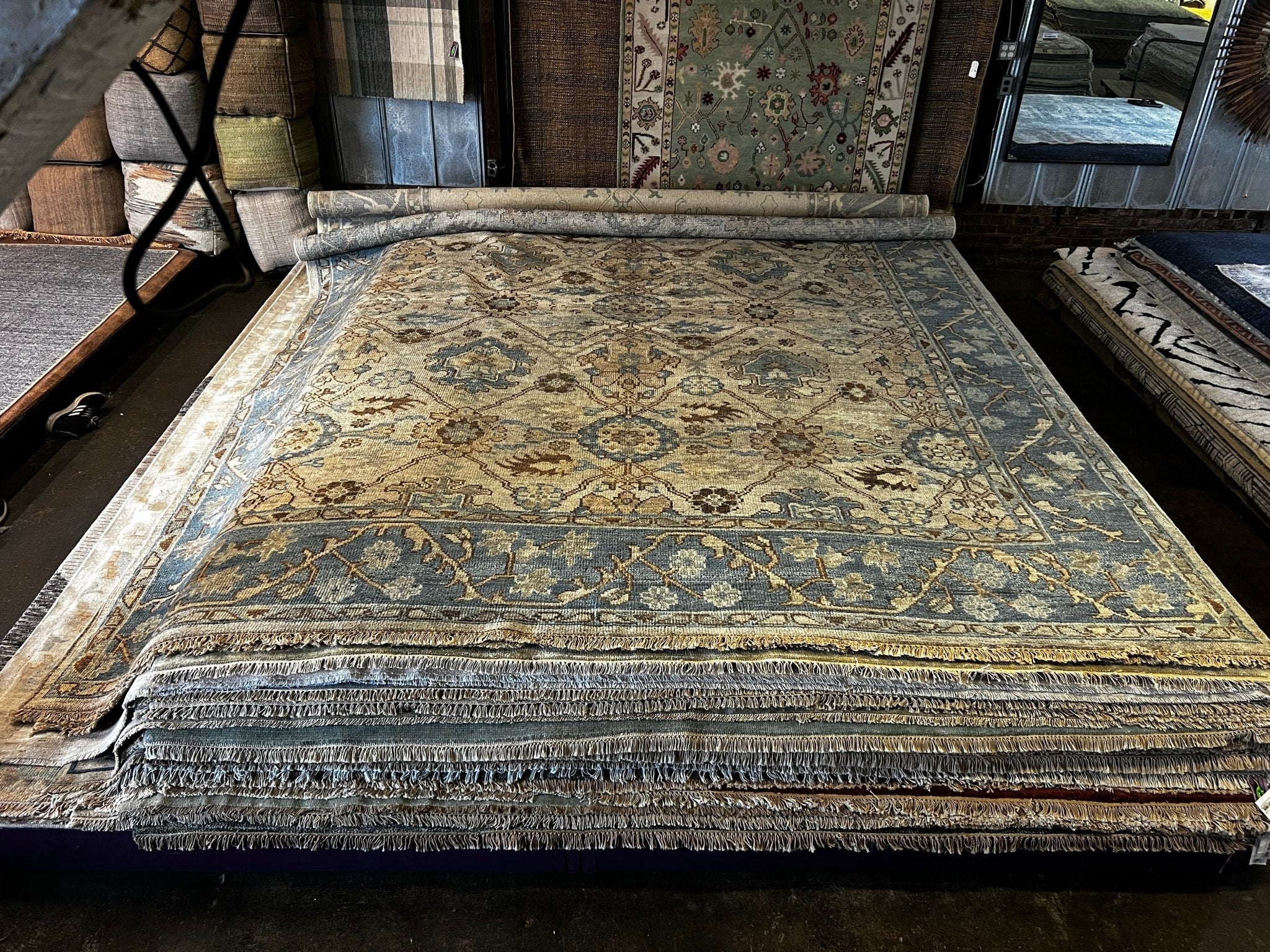 Milan 12x15 Beige and Blue Hand-Knotted Oushak Rug | Banana Manor Rug Company