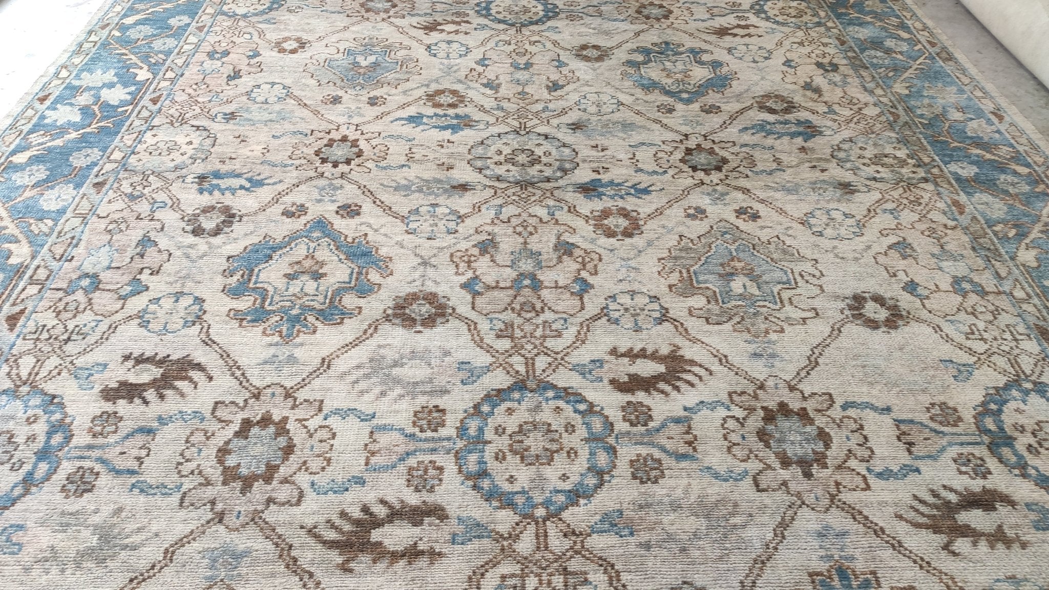 Milan 12x15 Beige and Blue Hand-Knotted Oushak Rug | Banana Manor Rug Company