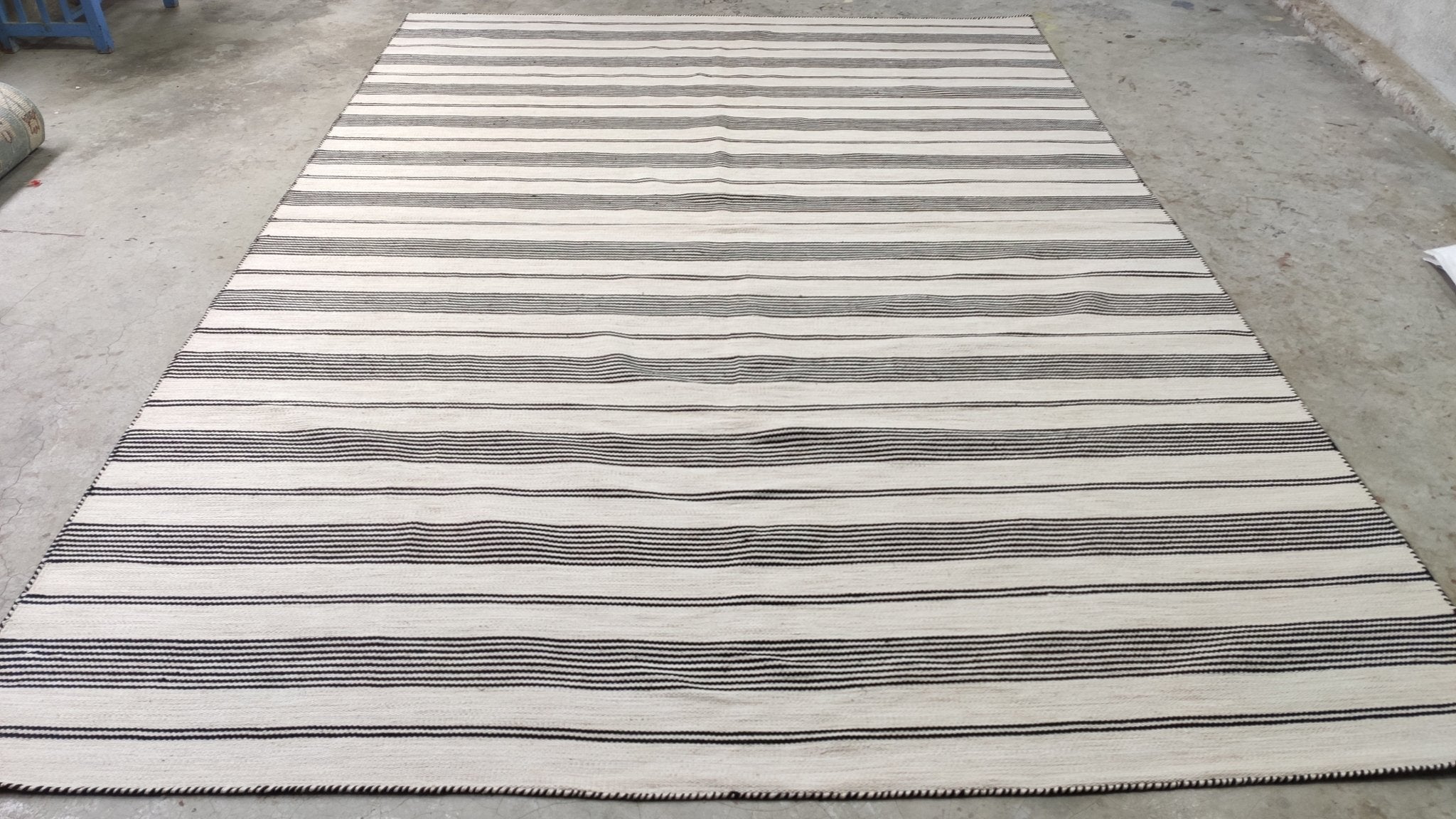 Mildred 8x11.9 White and Grey Striped Handwoven Durrie Rug | Banana Manor Rug Company